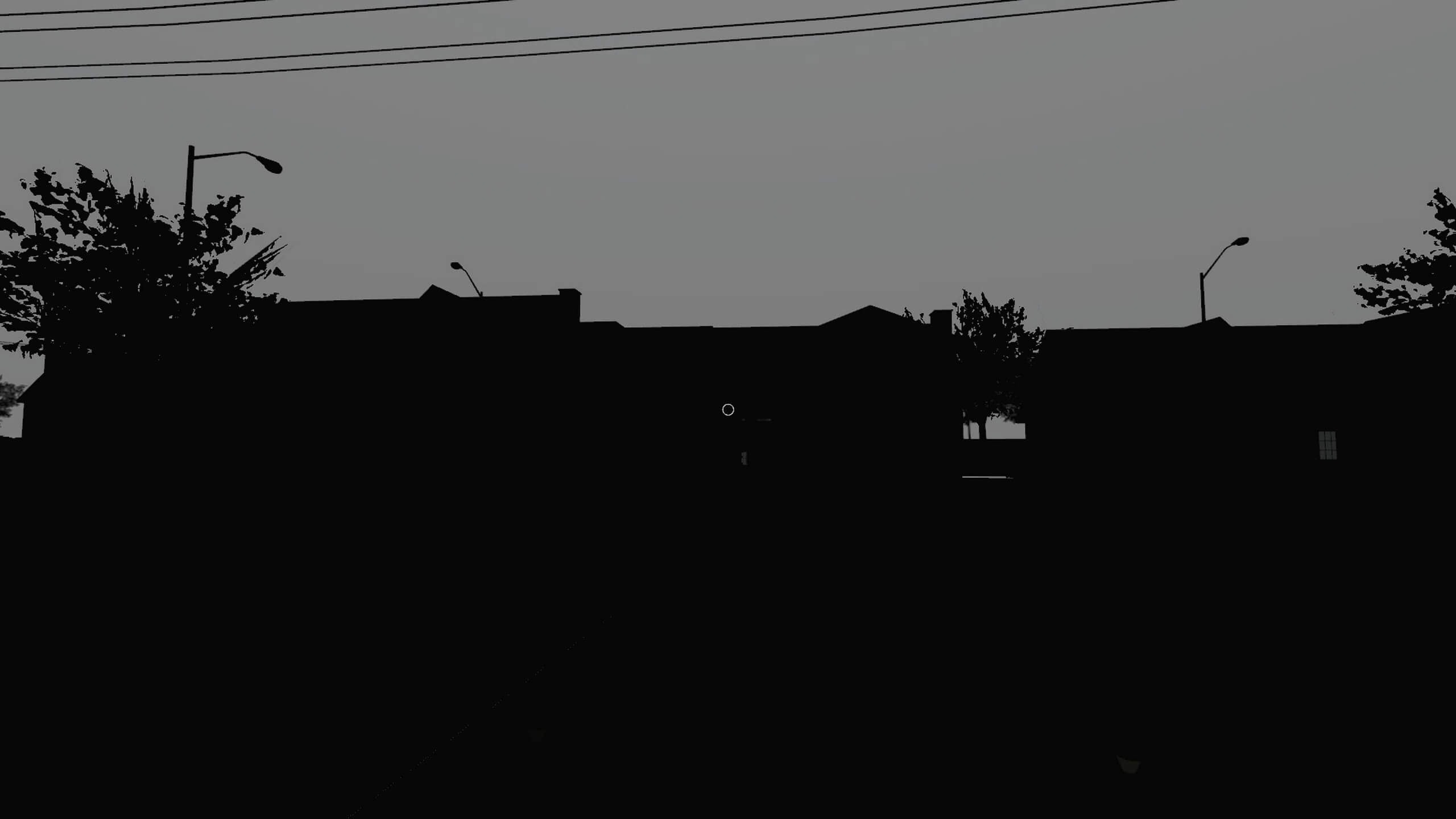 Silhouetted cityscape at dusk with trees and street lamps against a dark sky.