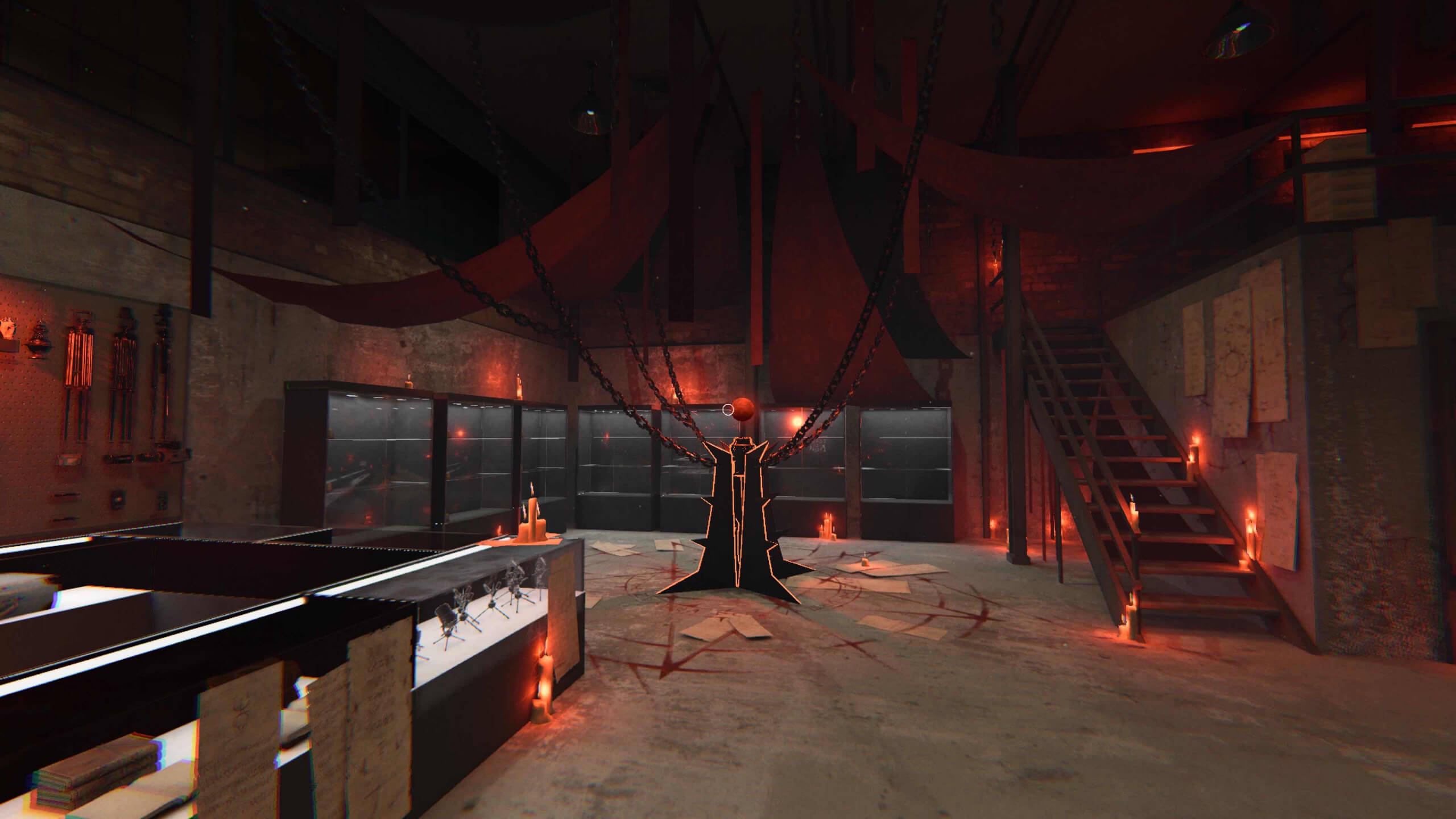 An ominous room with red lighting, chains, a mystical tree sculpture, and candles.