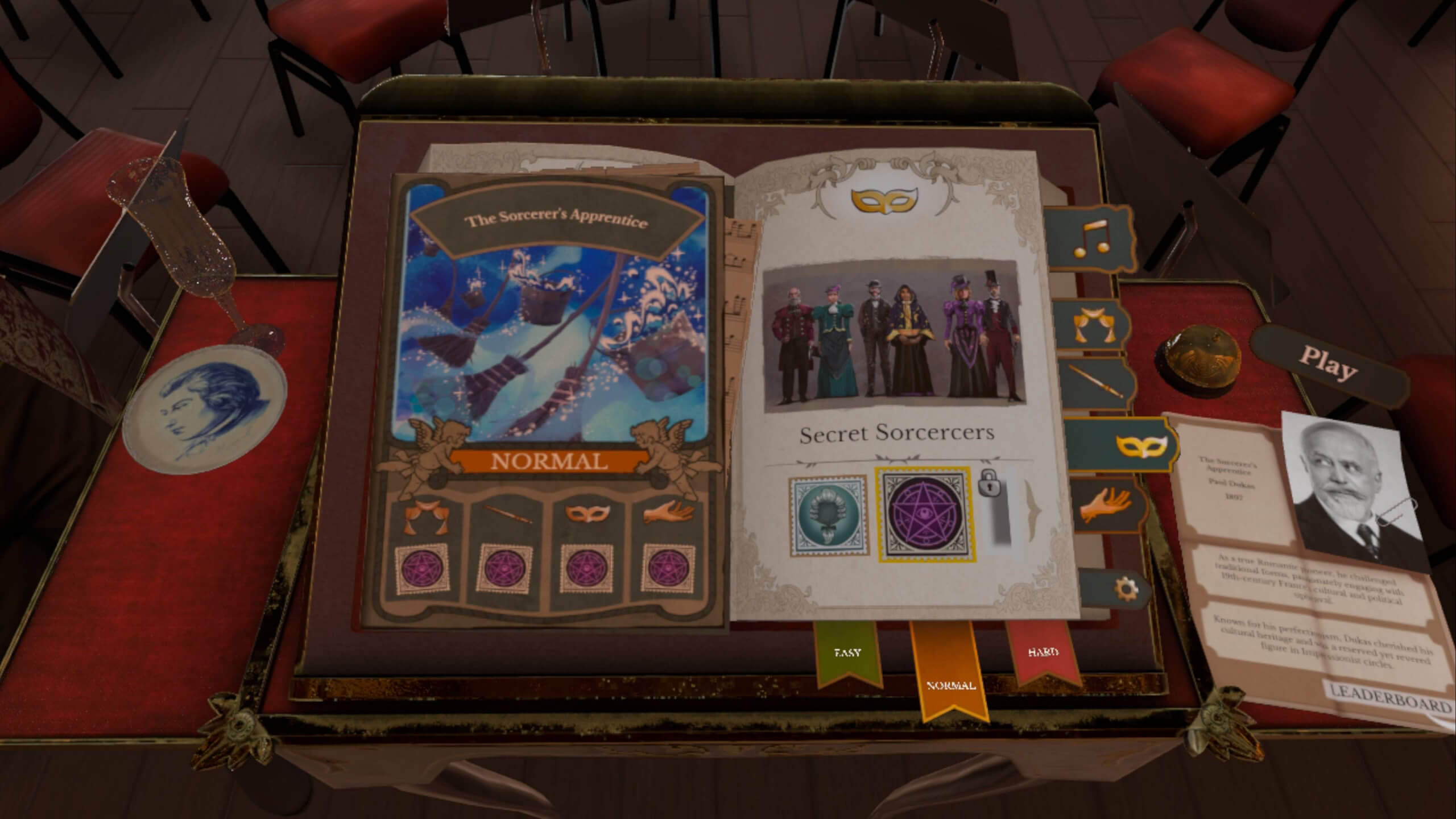 Screenshot from Maestro: Secret Sorcery Pack. Image shows an open book on a conductors table. The book is turned to the page for The Sorcerers Apprentice music piece. It is a normal difficulty song. And has a variety of costumes the musicians can be dressed in.
