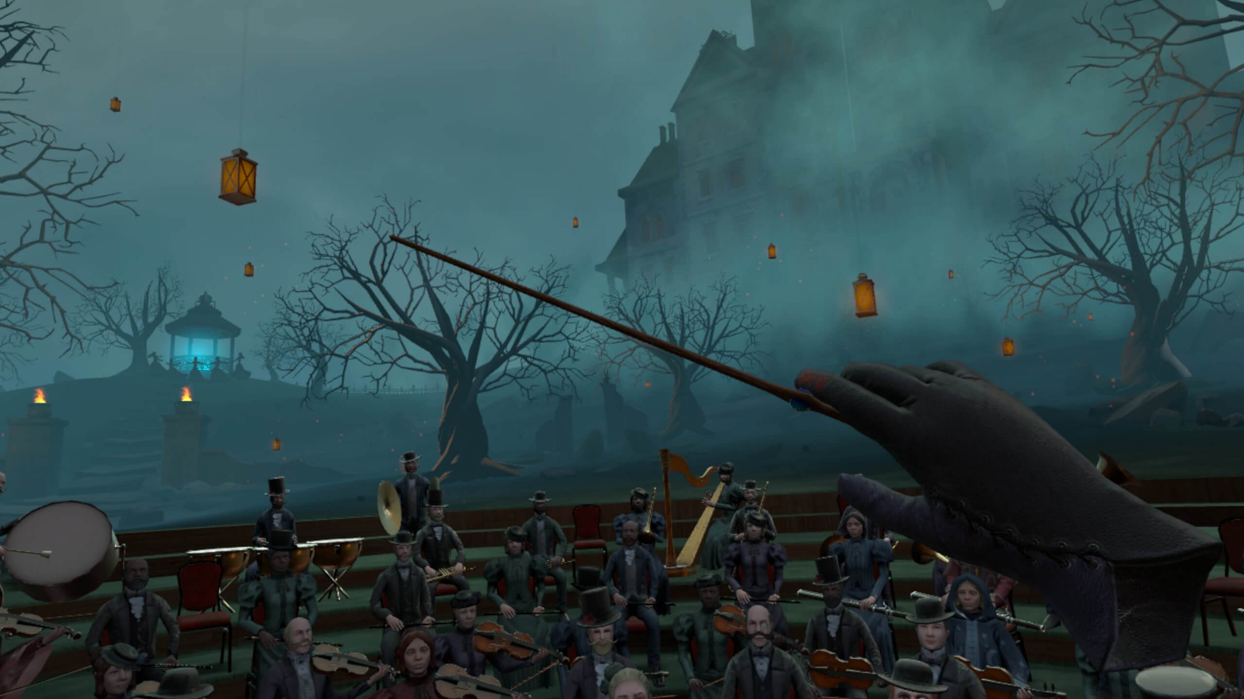 A hand holding a conductors stick points towards a percussion section of an orchestra. In the air lanterns float magically above.
