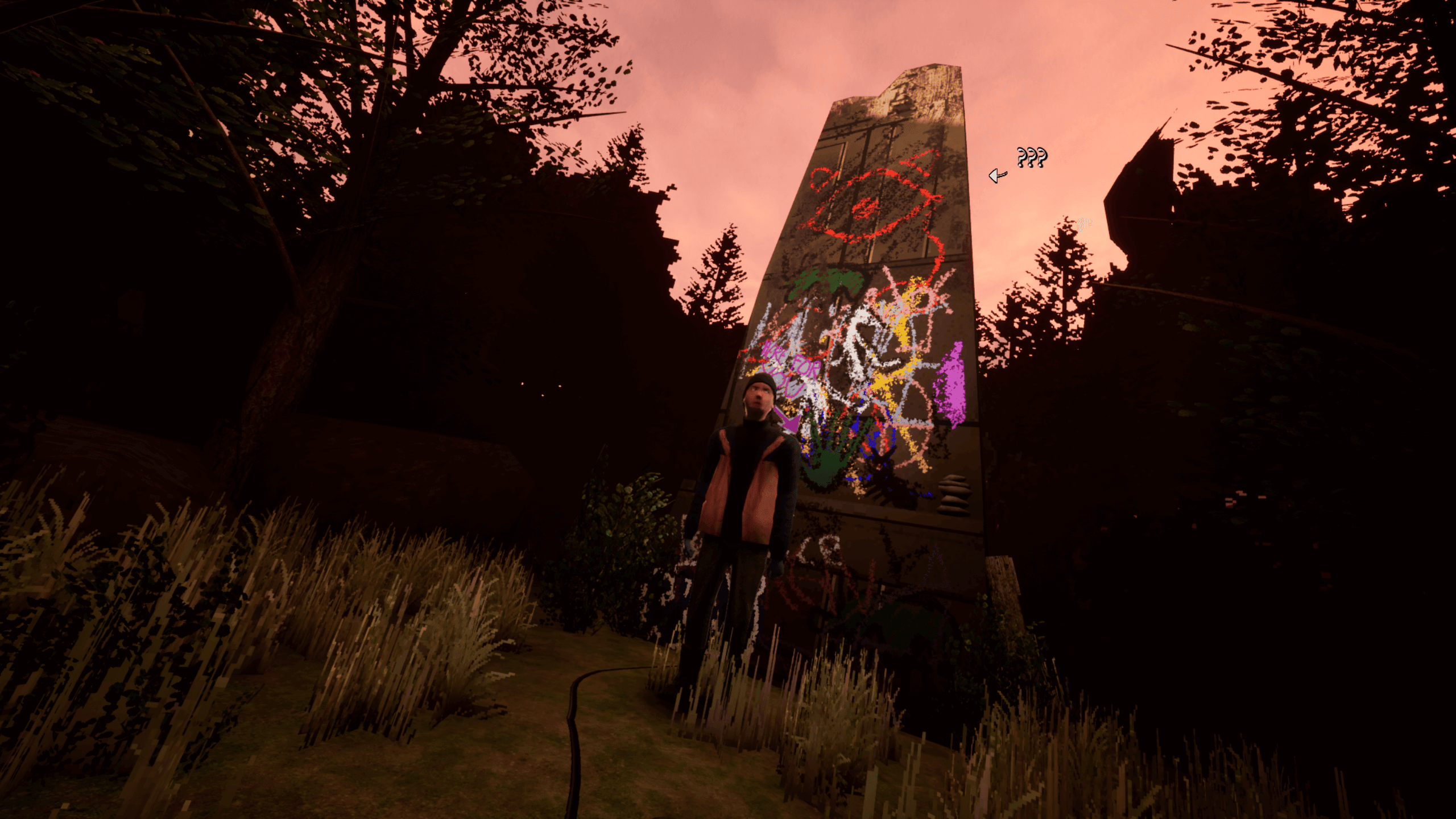 Screenshot of the game 10 Dead Doves - You can see the main character Mark, standing in front of a monolith covered in grafitti. This is in a forest setting.