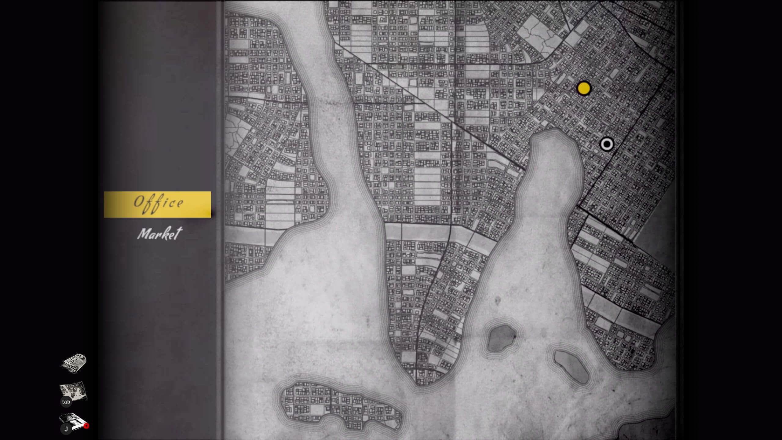 A stylized black and white map with abstract landforms and a grid of streets, two location markers, and a sidebar.