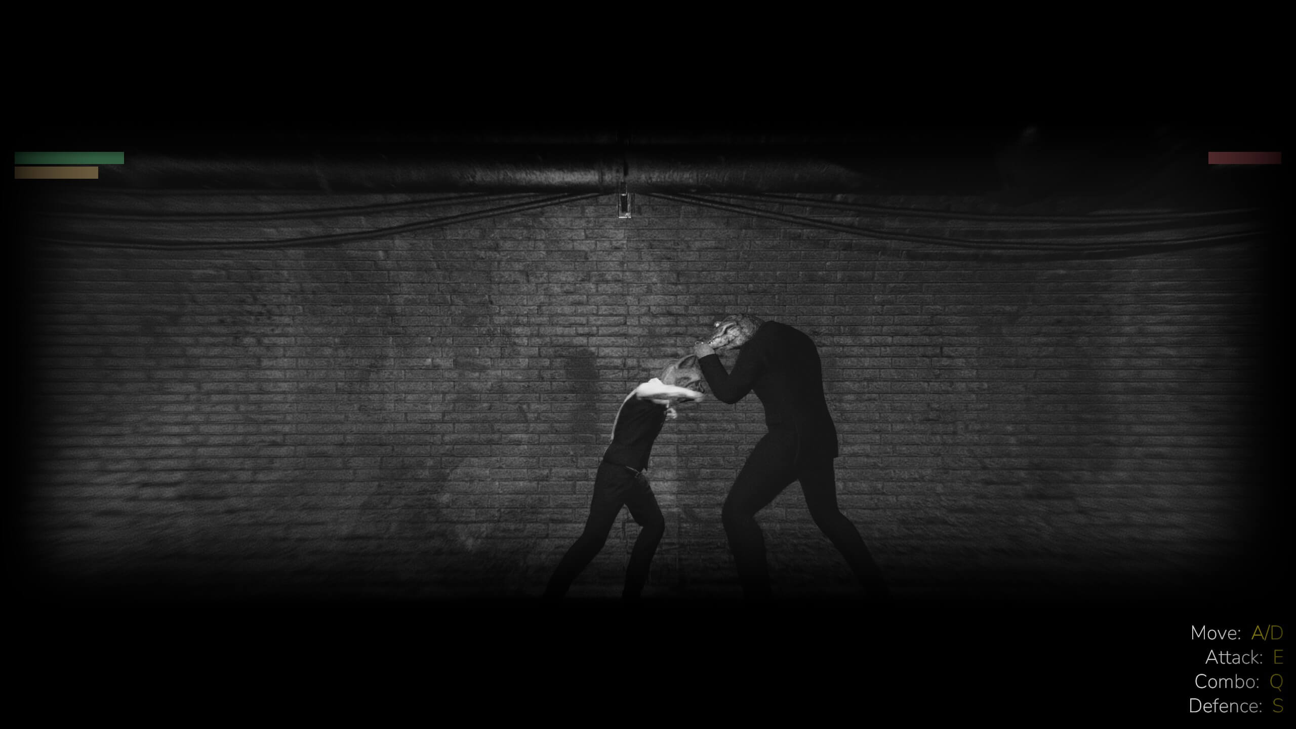 Two silhouetted figures engage in a fight against a brick wall backdrop; game controls are visible.