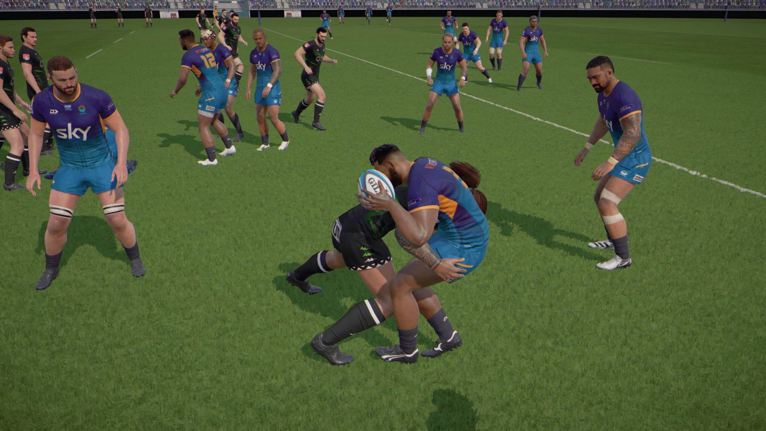 screenshot from Rugby 25 showing the video mode being used to get a shot of a tackle being made