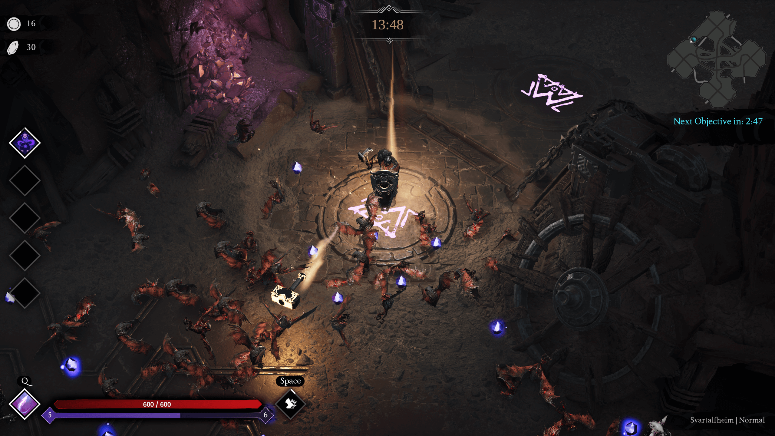 A warrior with shield and mace stands at the center of an engraved platform surrounded by demons.