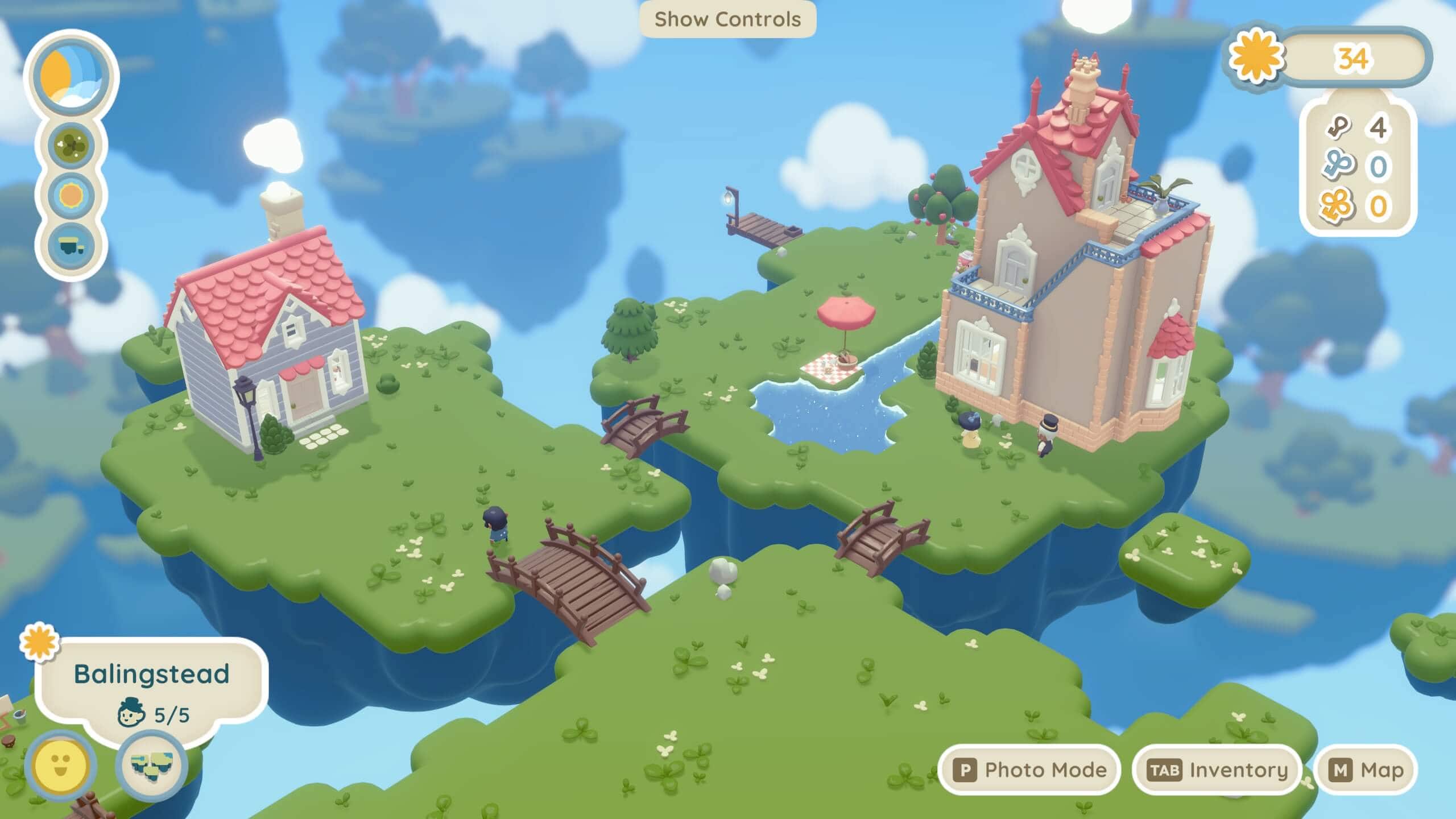 A screenshot from the game Twinkleby. It shows 3 small islands that are connected with bridges. 2 houses are built on them.