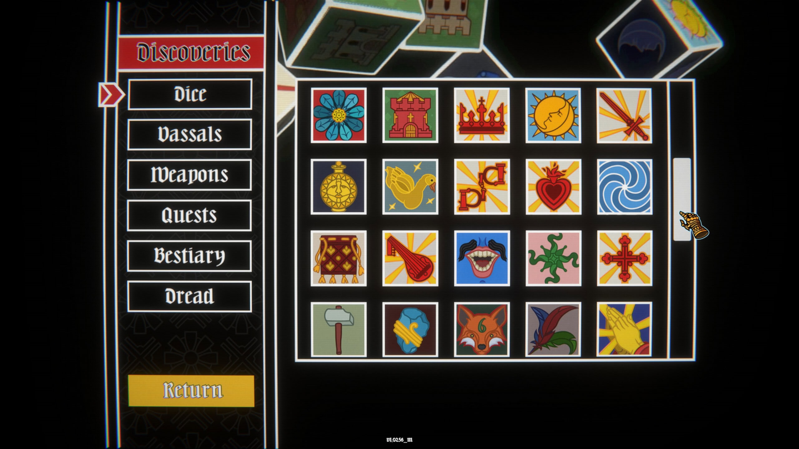 This image showcases the 'Discoveries' screen from the Dicealot game. On the left, a vertical menu lists categories: Dice, Vassals, Weapons, Quests, Bestiary, and Dread, with a gold 'Return' button below. The main section displays a grid of discovery icons, including a blue flower, a red castle, a gold crown, a sun, crossed swords, a golden emblem, a yellow bird, stylised letters, a heart, and swirling blue patterns. A skeletal hand points to the scroll bar on the right. Dice with illustrated faces hover over the top.