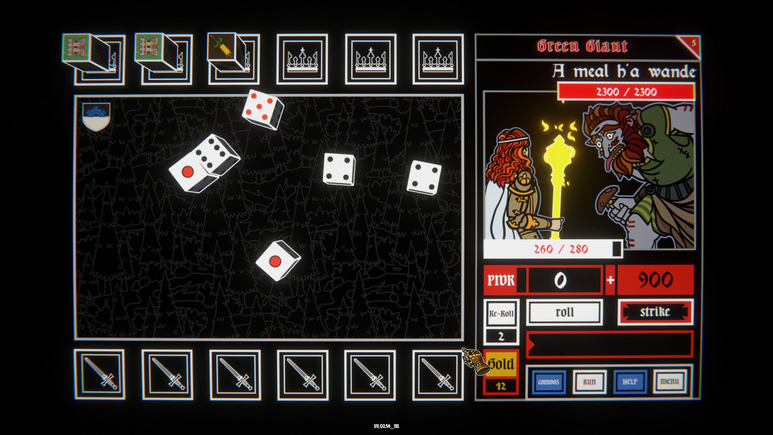 The image showcases a screen capture from the game Dicealot, featuring a turn-based battle scenario. The left side displays a dark background with drawn forests and several dice showing different numbers. Additionally, game resources are visible via icons above the dice area and using sword icons at the bottom. The right side presents a "Green Giant" enemy card, depicting combat between a knight character and the monster, along with their health and attack statistics. The game interface includes buttons for "Re-Roll", "Roll", and "Strike", as well as the players gold number.