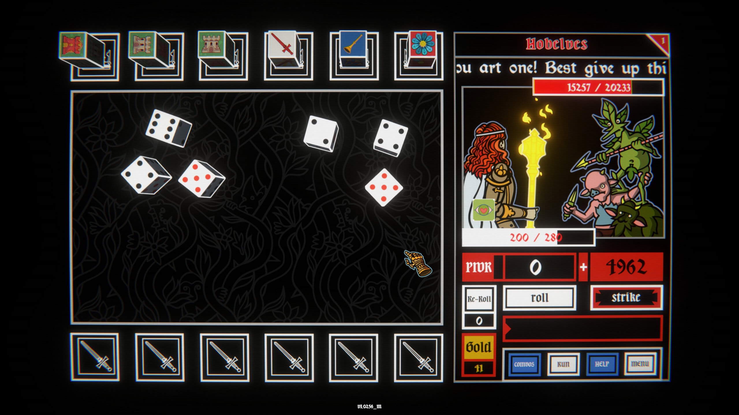 The screenshot displays the user interface for the game Dicealot. The main section features five white dice, each showing different numbers of pips, arranged on a background with a darker, floral pattern. Above the dice are icons including a red floral die, green castle die, and blue horn die. To the right is a pane showing a cartoonish battle scene with the enemy "Hobelves" along the top, then text that reads "you art one! Best give up thi". In the pane is artwork of the hero and Hobelves enemies, showing health, PIOR, Rolls, Gold, and action buttons such as "Strike". At the bottom are action buttons: "Combos", "Run", "Help" and "Menu".