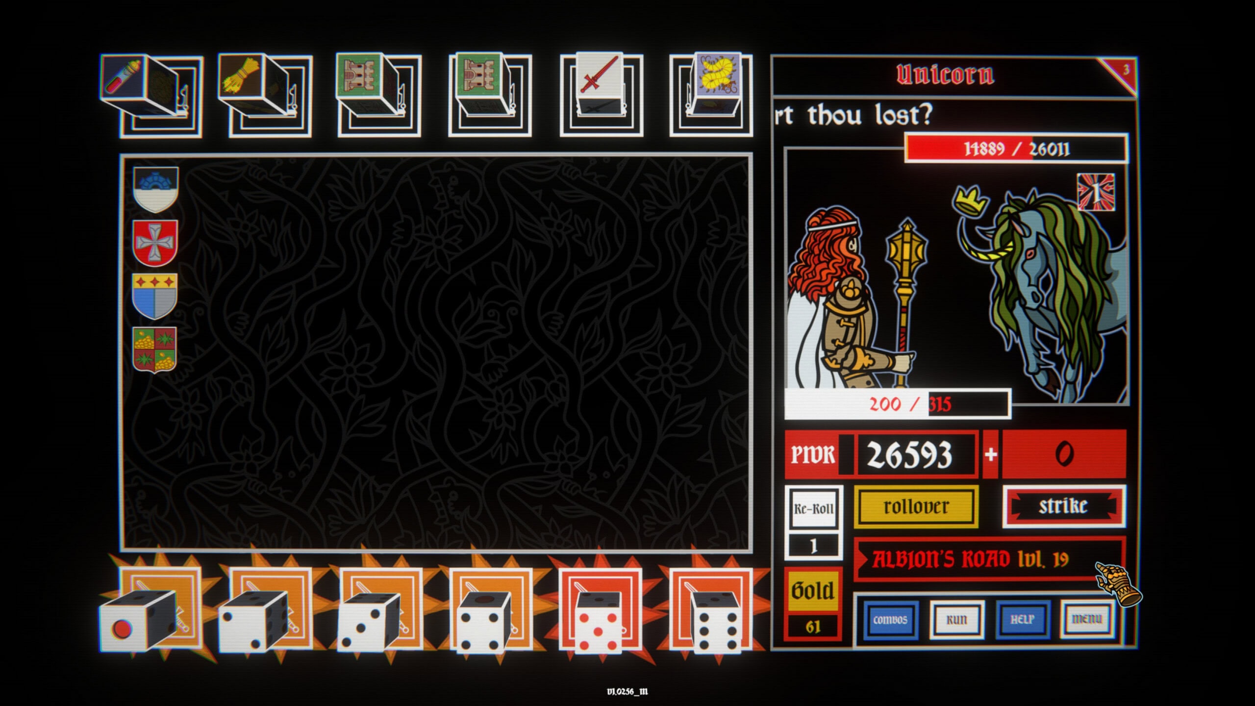 The image displays a screenshot from the game Dicealot. The screen is divided into sections. The left shows available dice combinations and shields against a decorative black and grey floral background. The right section details a battle scene featuring a character facing a unicorn. The unicorn is titled above "Unicorn" and the text "art thou lost?". Below indicates the character's health, power and controls such as "Re-Roll", "rollover" and "strike", plus the current dice level "Albion's Road lvl 19". At the base of the image is the game's user interface for rolling dice.