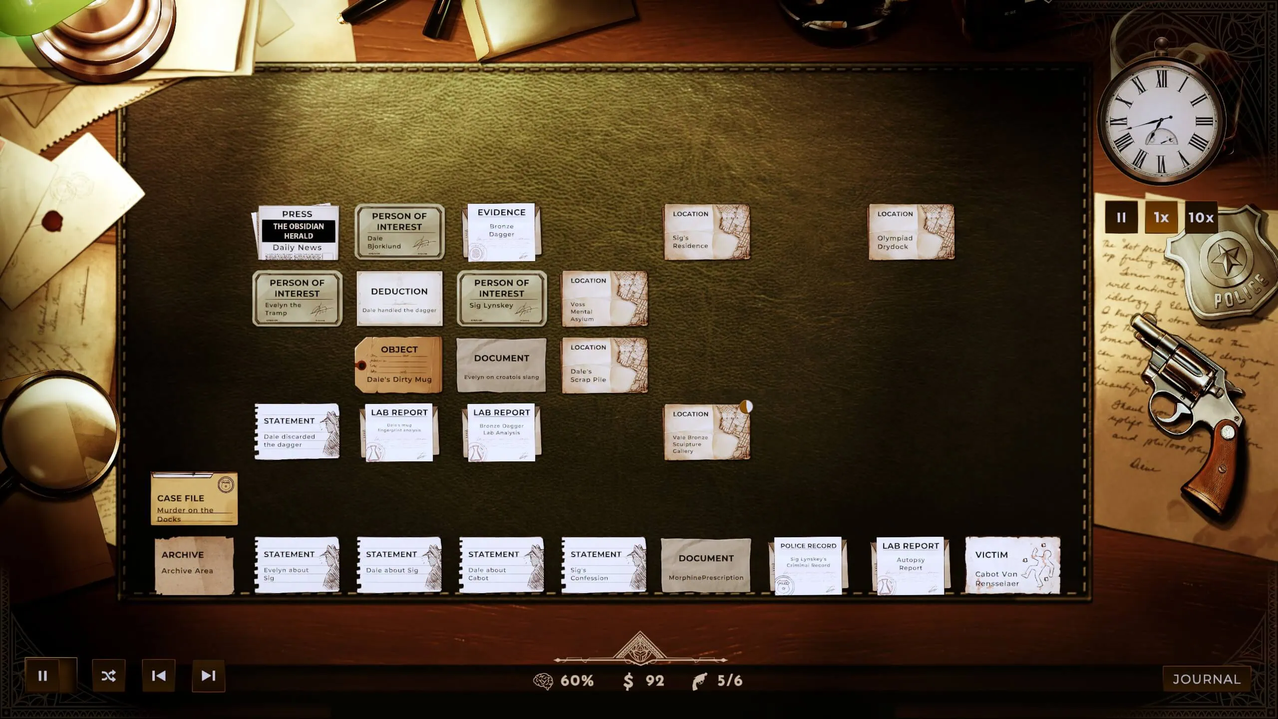 A screenshot from the game, showing your table with the case files. A lot of important files and documents are scattered around