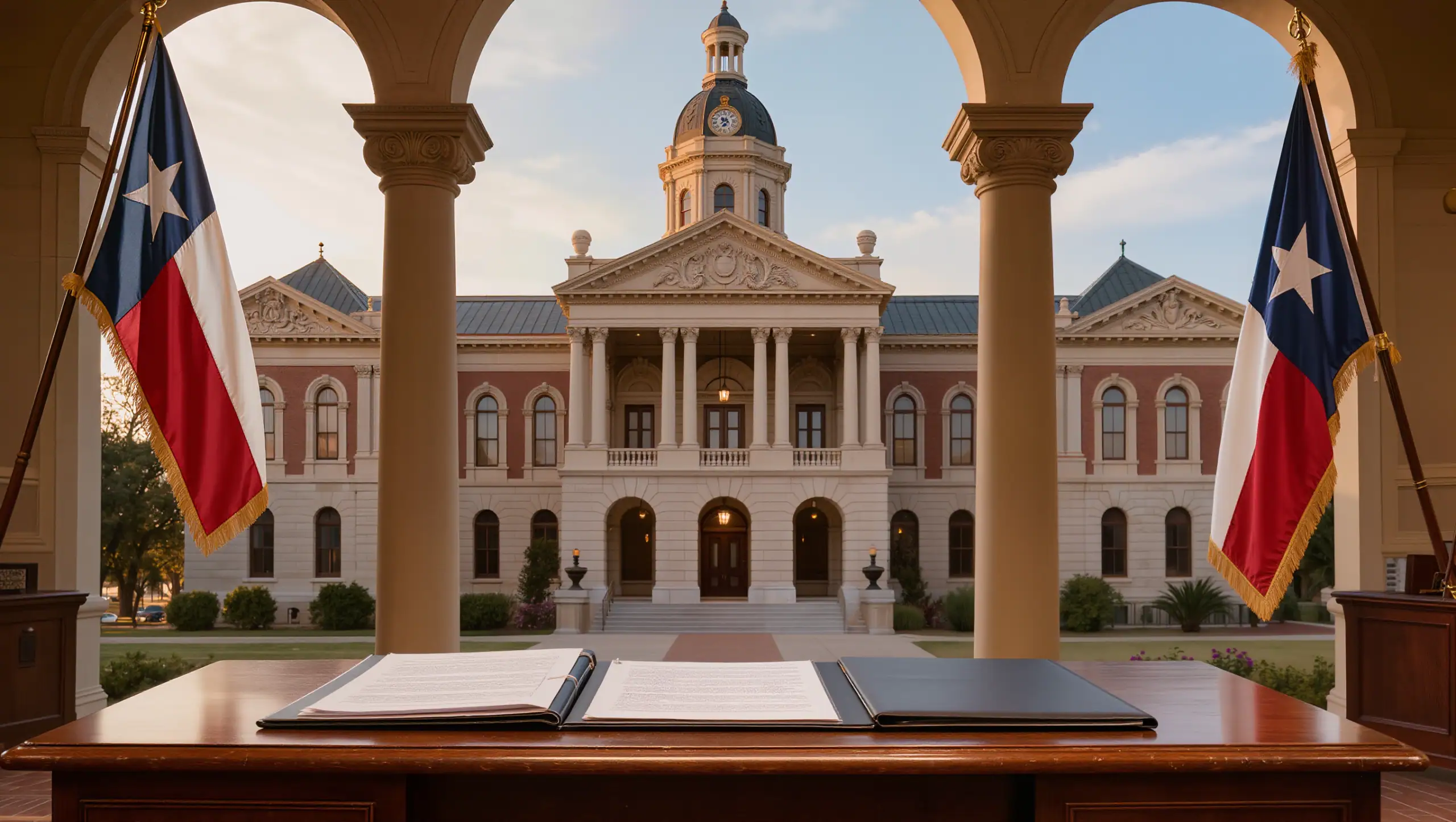 Texas public official bond represented by a courthouse and government documents