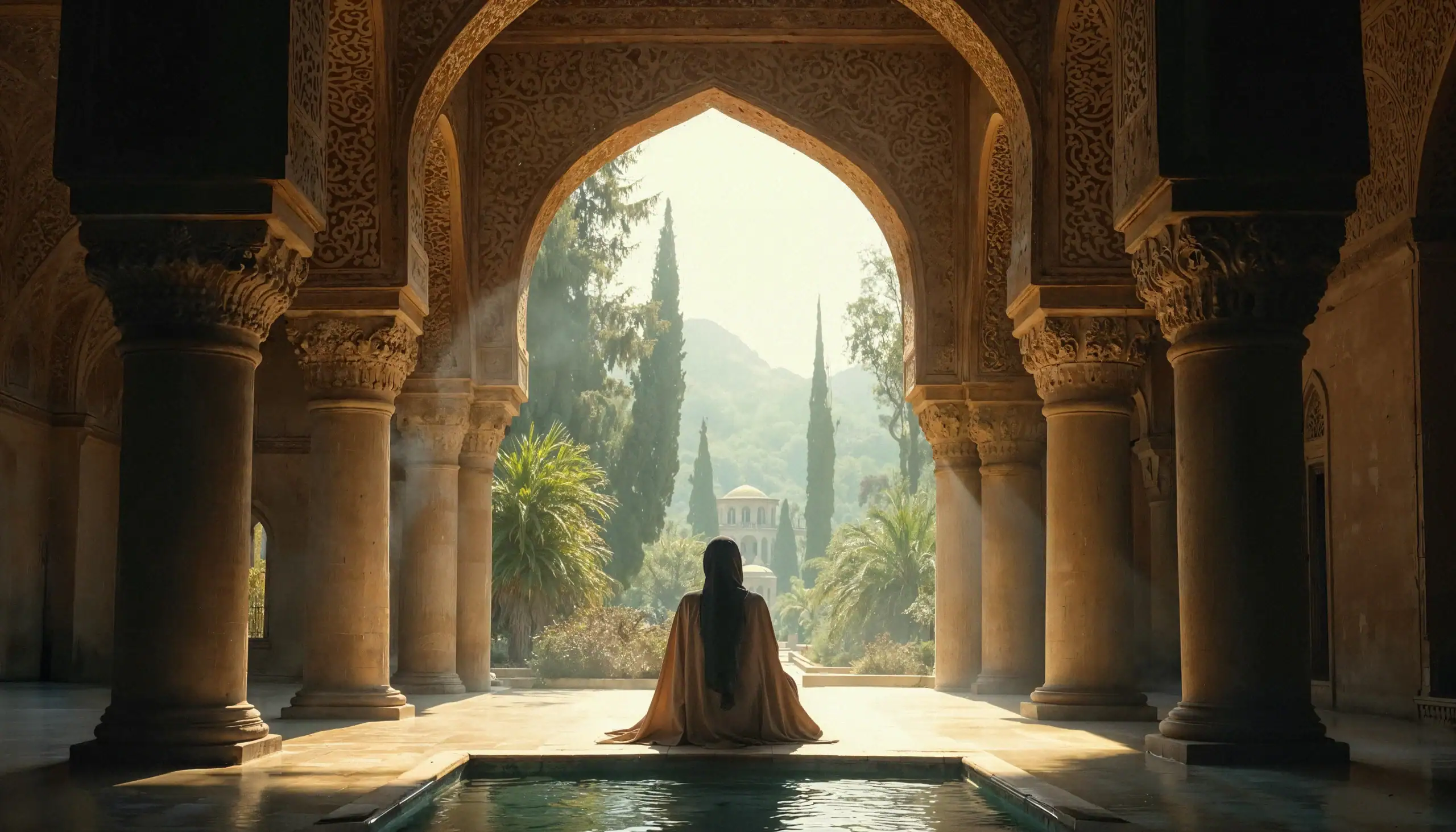Meditative figure in a sunlit Moorish courtyard, symbolizing transformation and the Internal Alchemy Catalyst Program