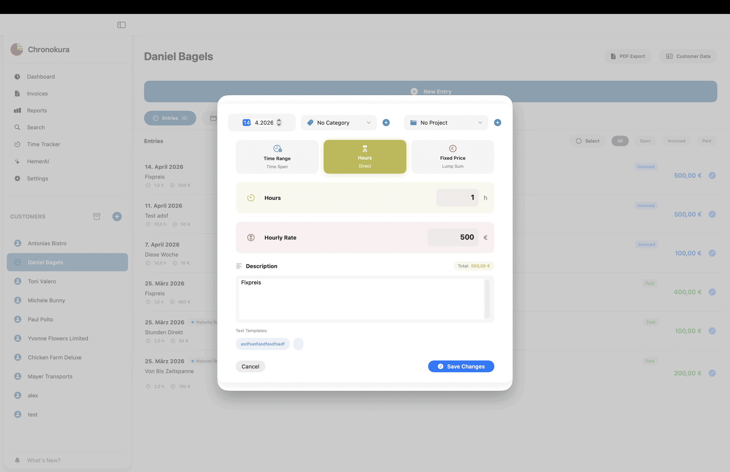 Chronokura Mac app showing client detail view with time entries, hourly rate, fixed price options, and project management