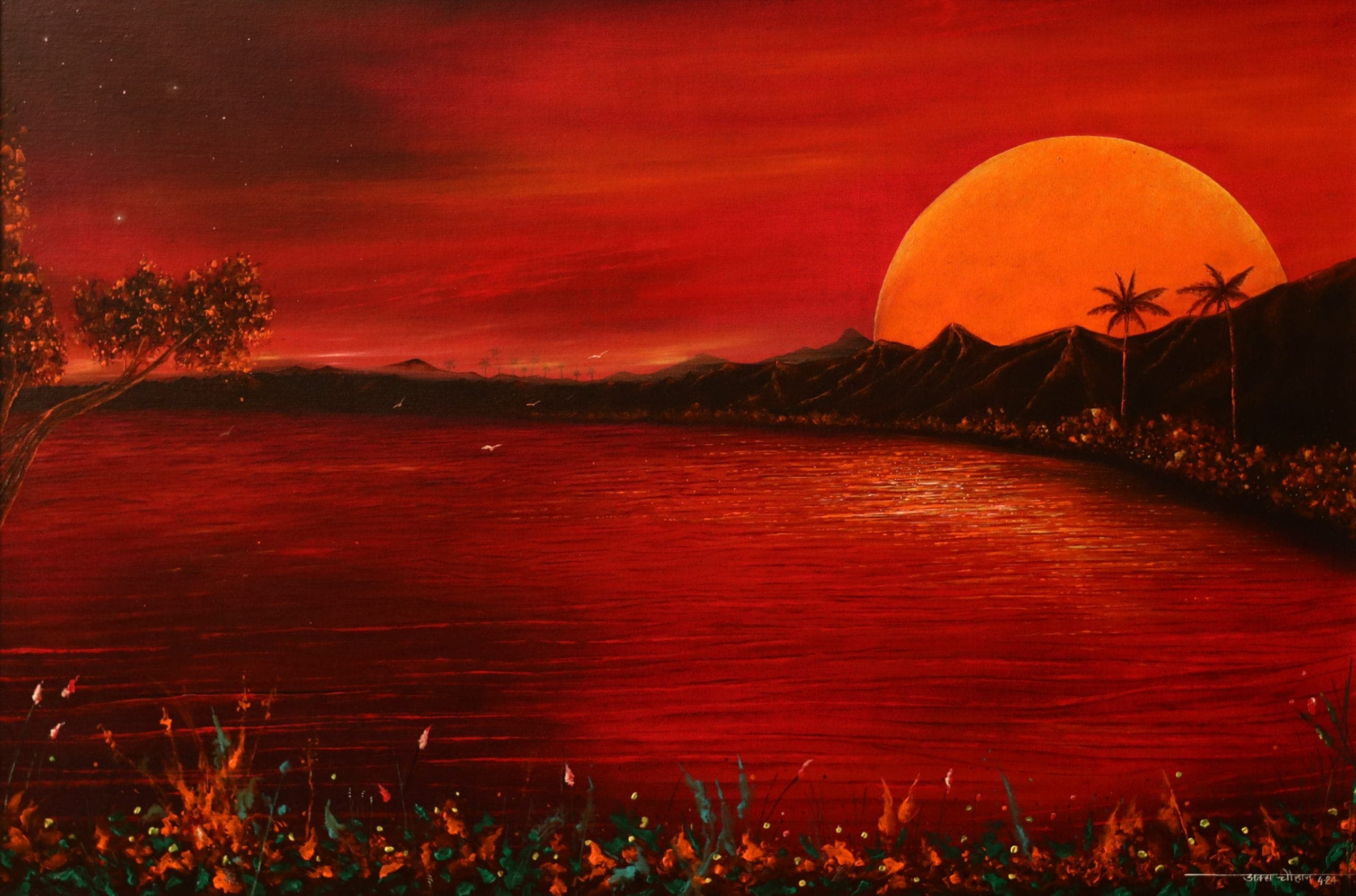 Fiery lake at dusk