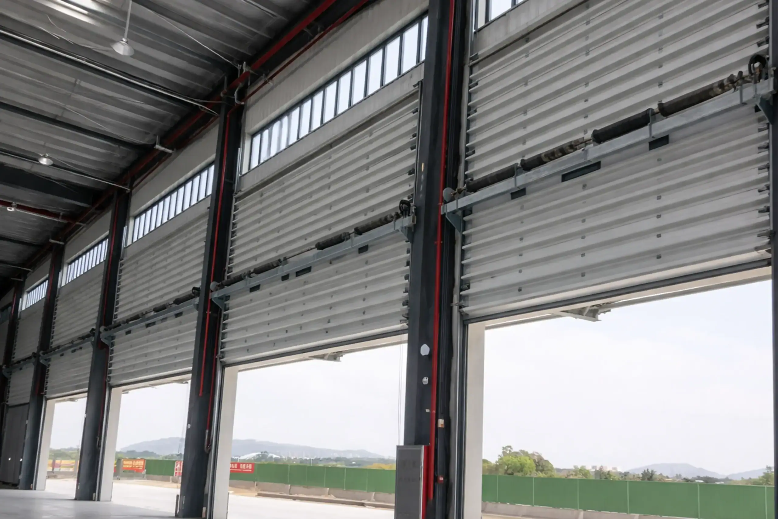 Interior view of oversized industrial sectional doors equipped with heavy-duty torsion springs and vision panels, engineered for high wind load resistance in a heavy manufacturing facility.