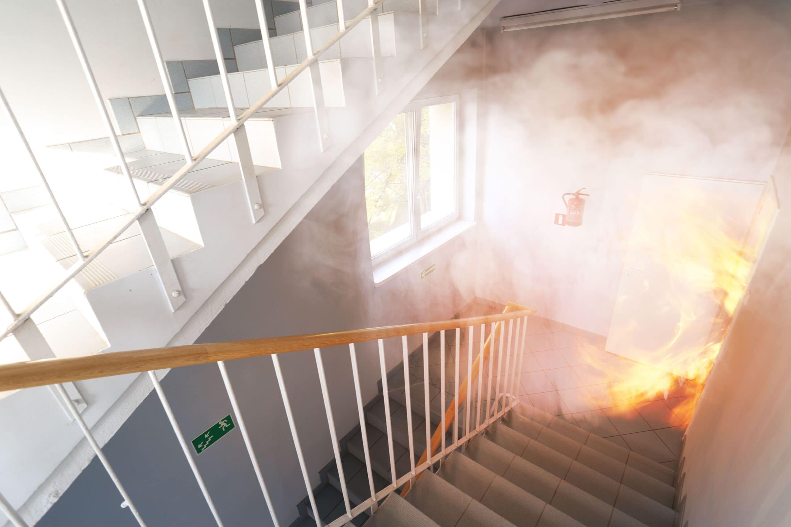This image highlights a critical fire safety issue in a stairwell, which is meant to be a safe escape route during emergencies. Here are some concerns and recommendations based on the scene:
Key Fire Safety Concerns:
1. Smoke-Filled Stairwell
o Smoke is the leading cause of fire-related deaths, reducing visibility and making breathing difficult.
o Proper smoke control systems (pressurized stairwells) should be in place.
2. Fire Blocking Exit Route
o Fire appears to be near a doorway, which could indicate poor fire-rated door performance or improper fire separation.
o Fire-rated doors should be self-closing and compartmentalize the fire.
3. Inadequate Ventilation or Suppression
o The presence of visible smoke suggests poor smoke extraction or a lack of sprinkler activation.
o Sprinkler systems should be operational and regularly tested to suppress fires early.
4. Exit Sign Visibility & Direction
o There is an exit sign, but its visibility might be compromised due to smoke.
o Photoluminescent or LED exit signs should be installed to ensure guidance in low visibility.
Recommendations for Improvement:
Ensure Proper Smoke Management – Install pressurization systems in stairwells to keep them clear of smoke.
Install & Maintain Fire Doors – Fire-rated doors must remain closed and in good condition to slow fire spread.
Improve Fire Suppression – Regular inspections of sprinklers and fire alarms can enhance fire control.
Conduct Regular Fire Drills – Training occupants on safe evacuation procedures can save lives.