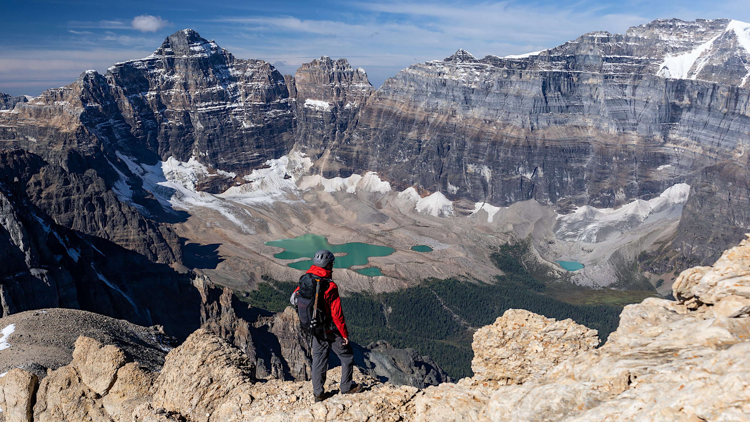 Climber on Mount Temple above Paradise Valley in the Canadian Rockies