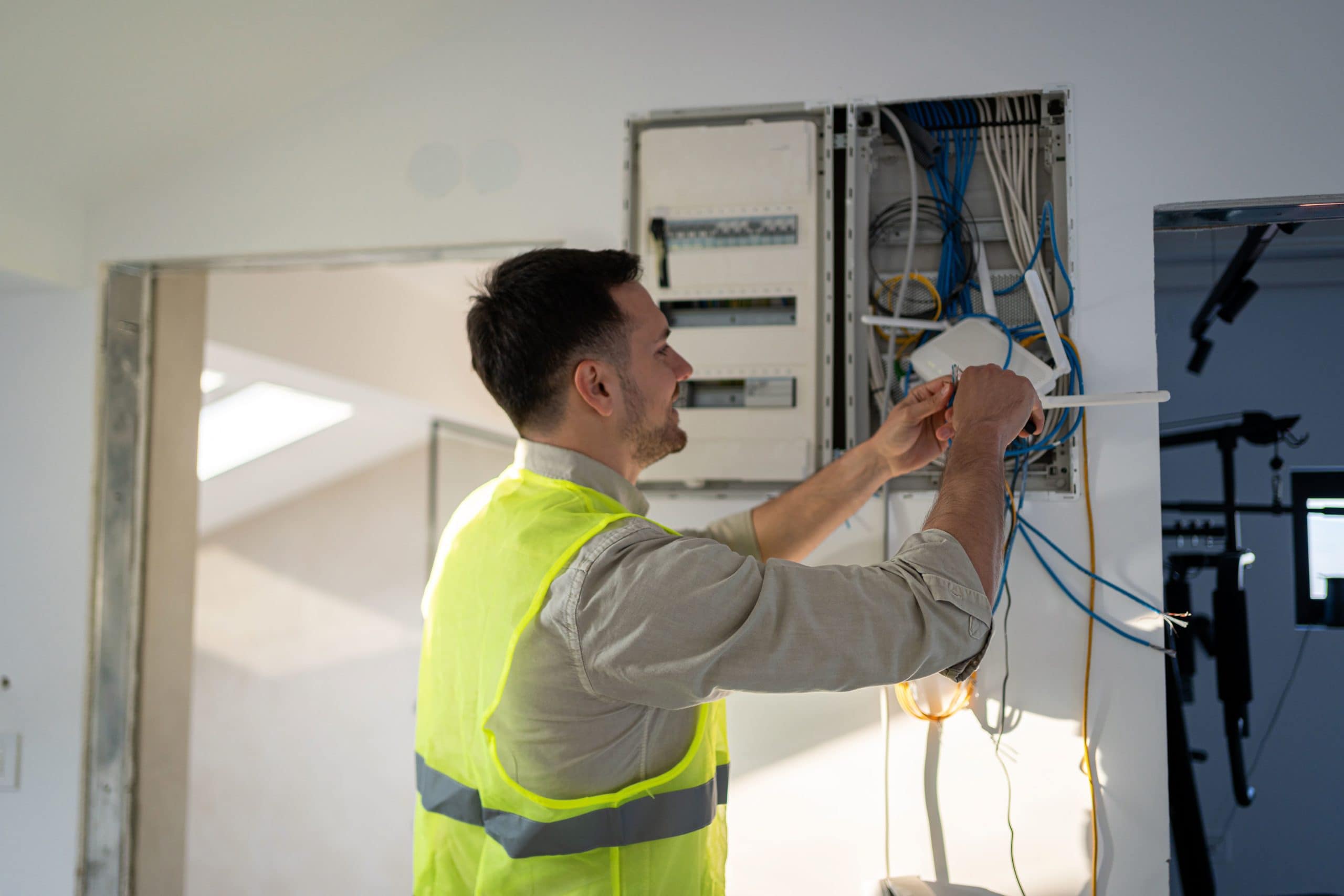 Técnico revisando panel eléctrico en edificio.