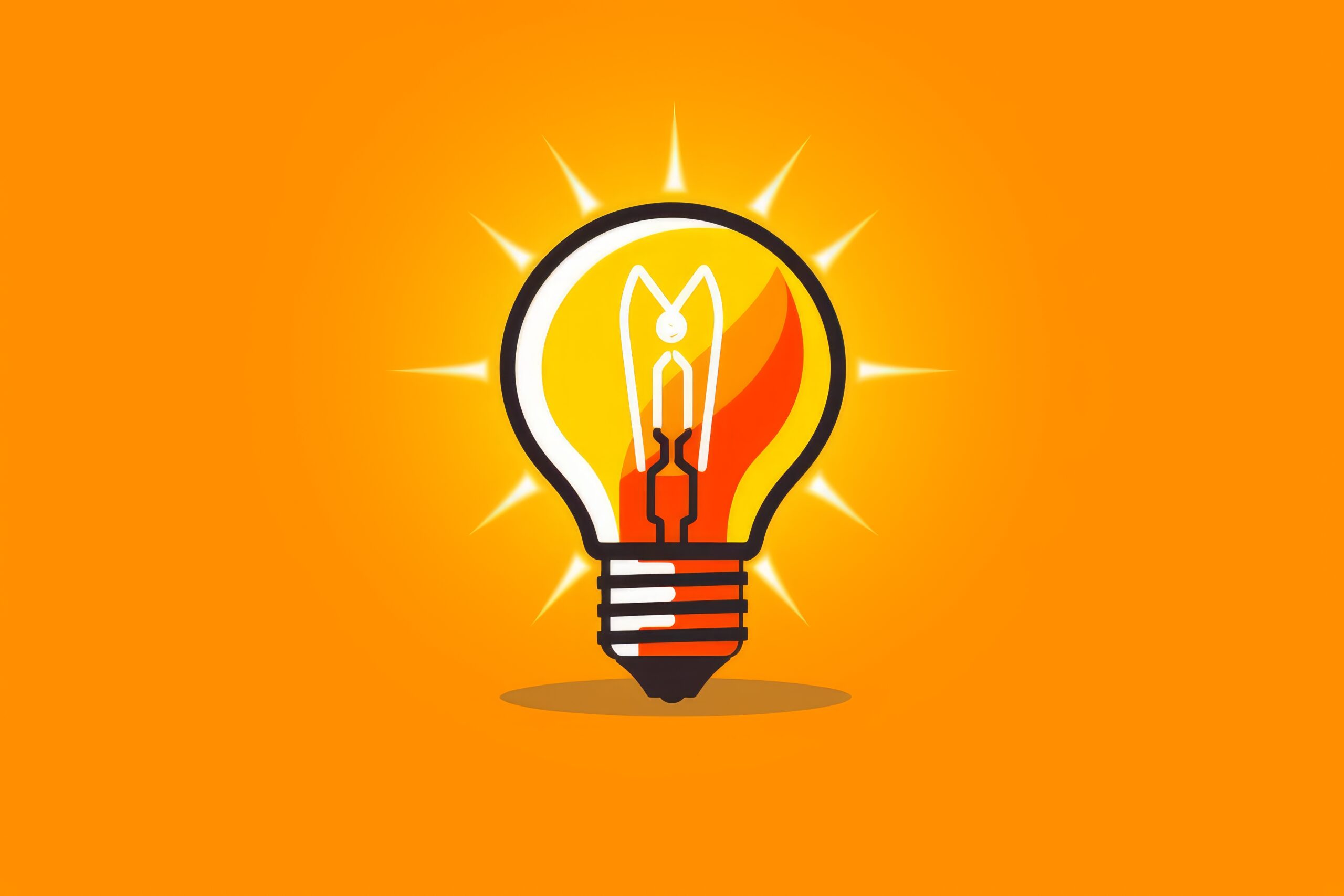 Cartoon illustration of a yellow, orange, and red lightbulb with an overall orange background.