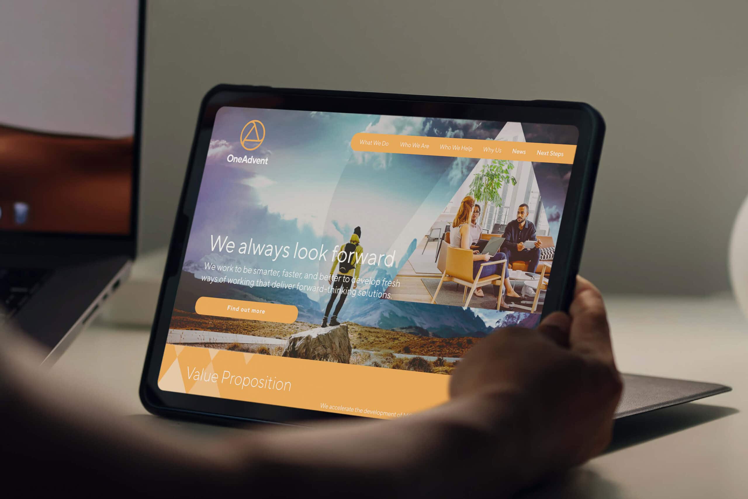 OneAdvent InsurTech Website on Tablet. Male Hand Holding Tablet with Right Hand.