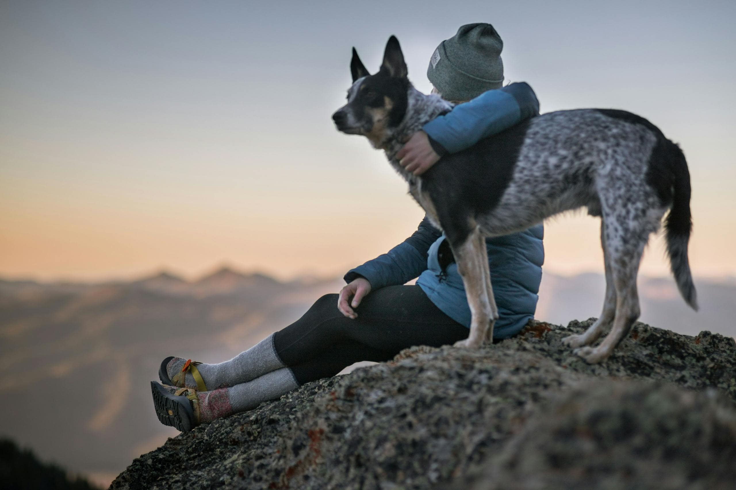 A person wearing a beanie and winter jacket sits on a rocky mountain with a blue heeler dog, overlooking sunset views. This image is also the featured image of 3 of the Best Pet Friendly Hotels Blowing Rock. Photo by Bekka Mongeau