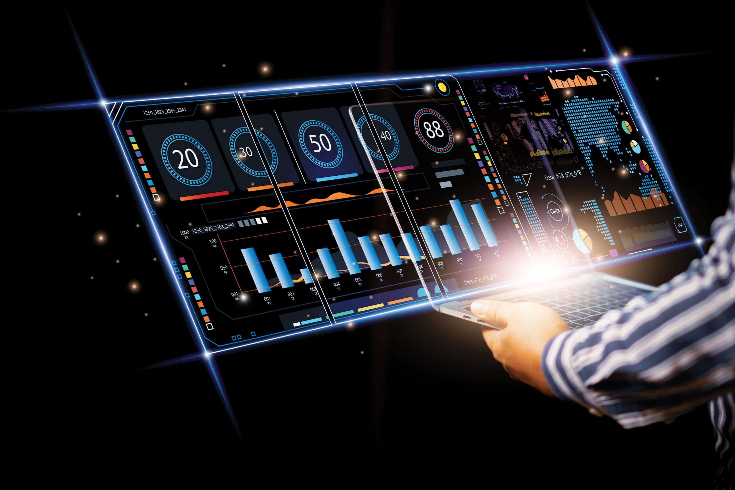 Businessman using computer analyzing market data, stock graph chart background, concept growth development business financial graph report investment, planning solution market strategy market plan.