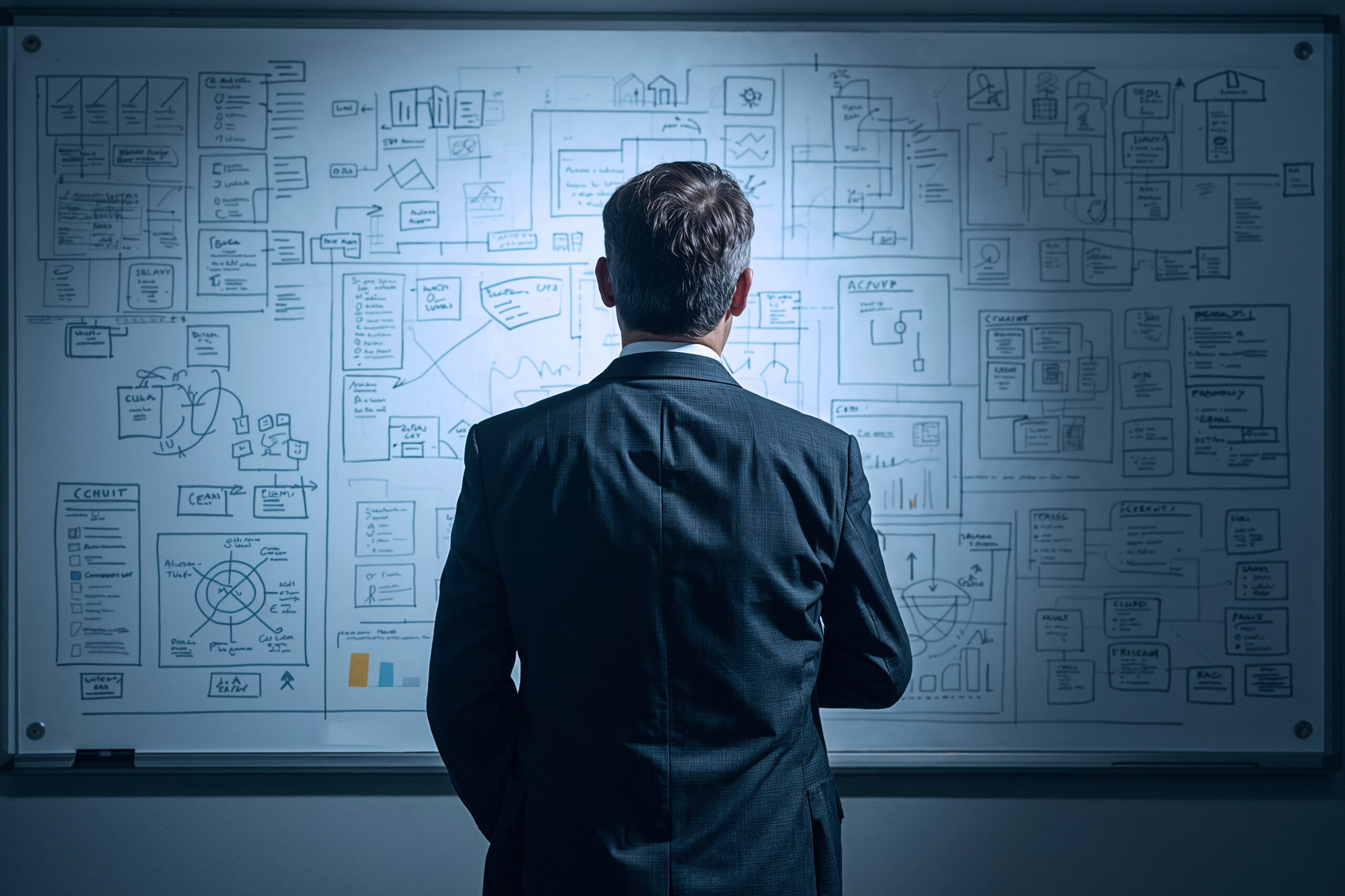 Business executive studying complex architecture diagrams and planning frameworks on a whiteboard representing strategic SAP S/4HANA migration evaluation