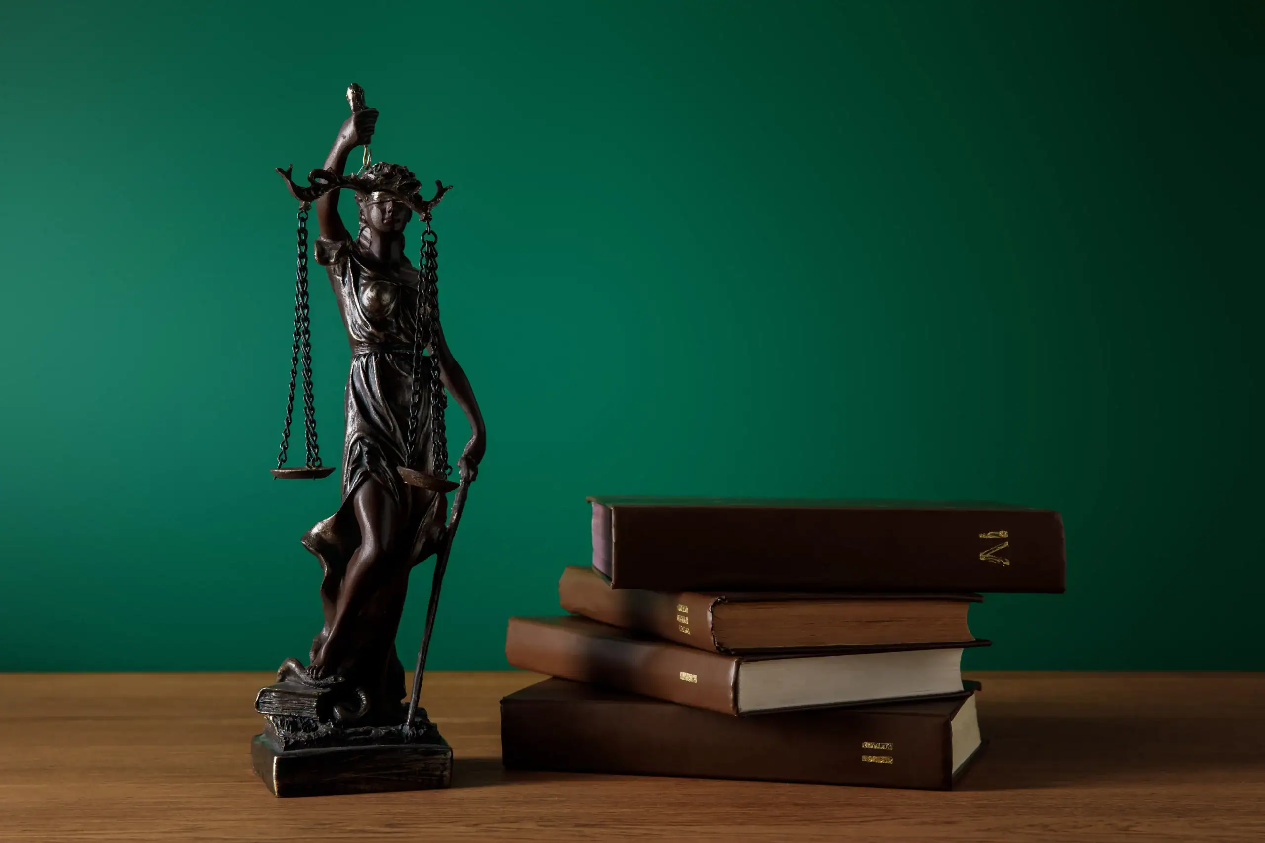 Bronze statue of Lady Justice blindfolded, holding balanced scales and a sword, standing on a wooden surface next to a stack of law books with gold-lettered spines, against a solid green background.