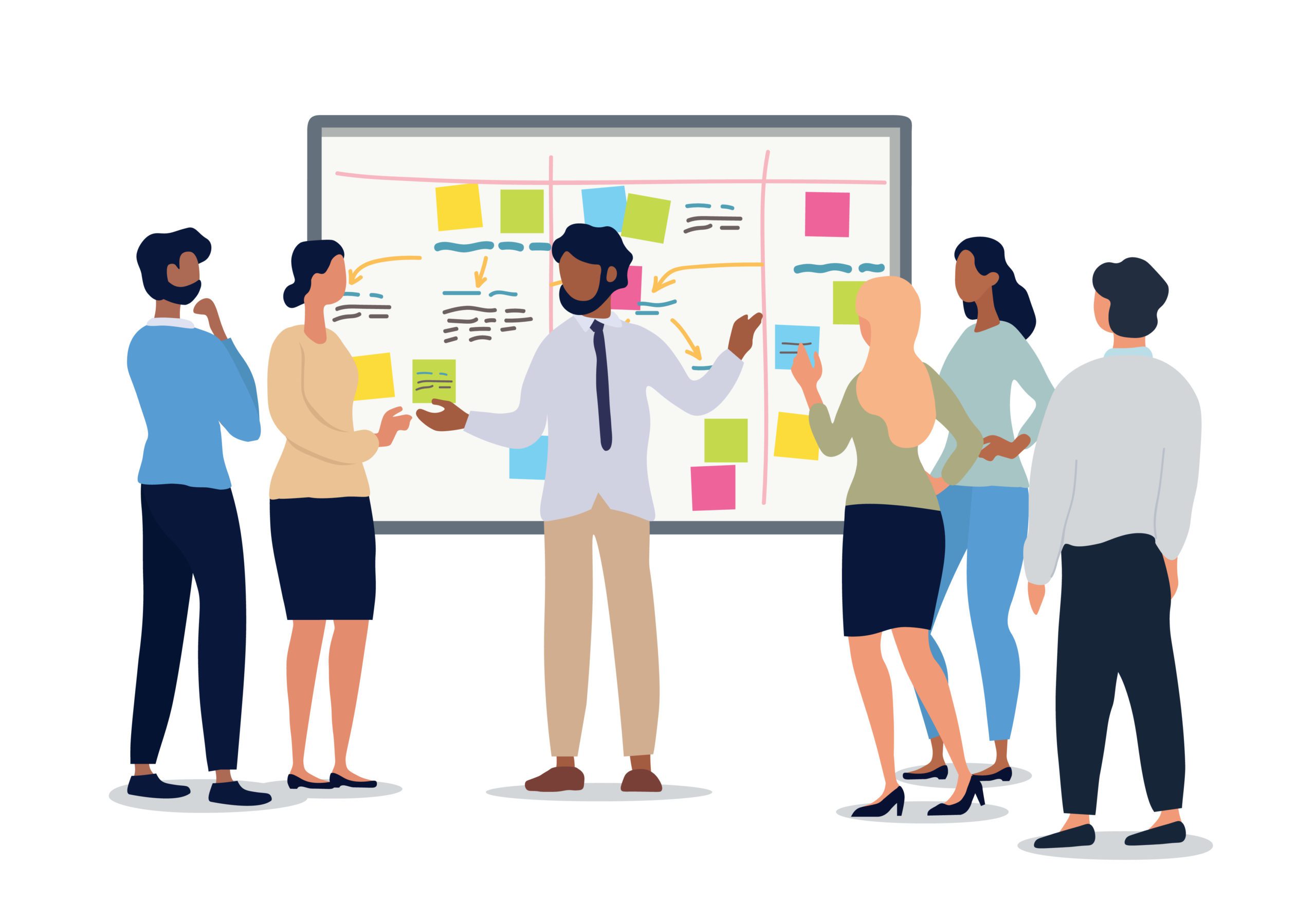 Business or team leader holding a meeting with his team discussing a chart with a group of diverse people, colored vector illustration