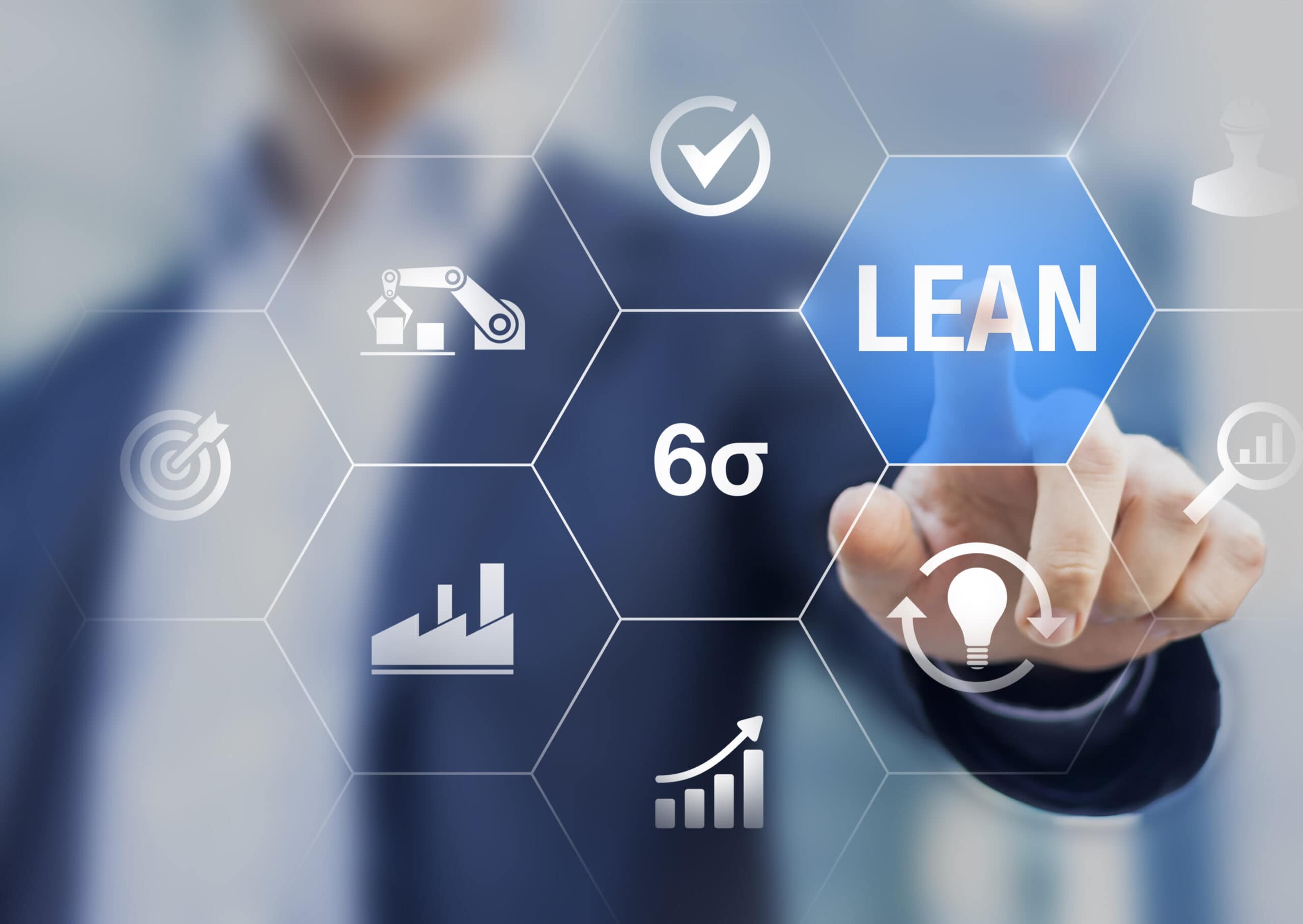Lean manufacturing and six sigma management and quality standard in industry, continuous improvement, reduce waste, improve productivity and efficiency, keizen, manager touching concept with icons - Leanspecialisten Bild på man med olika leanverktyg.