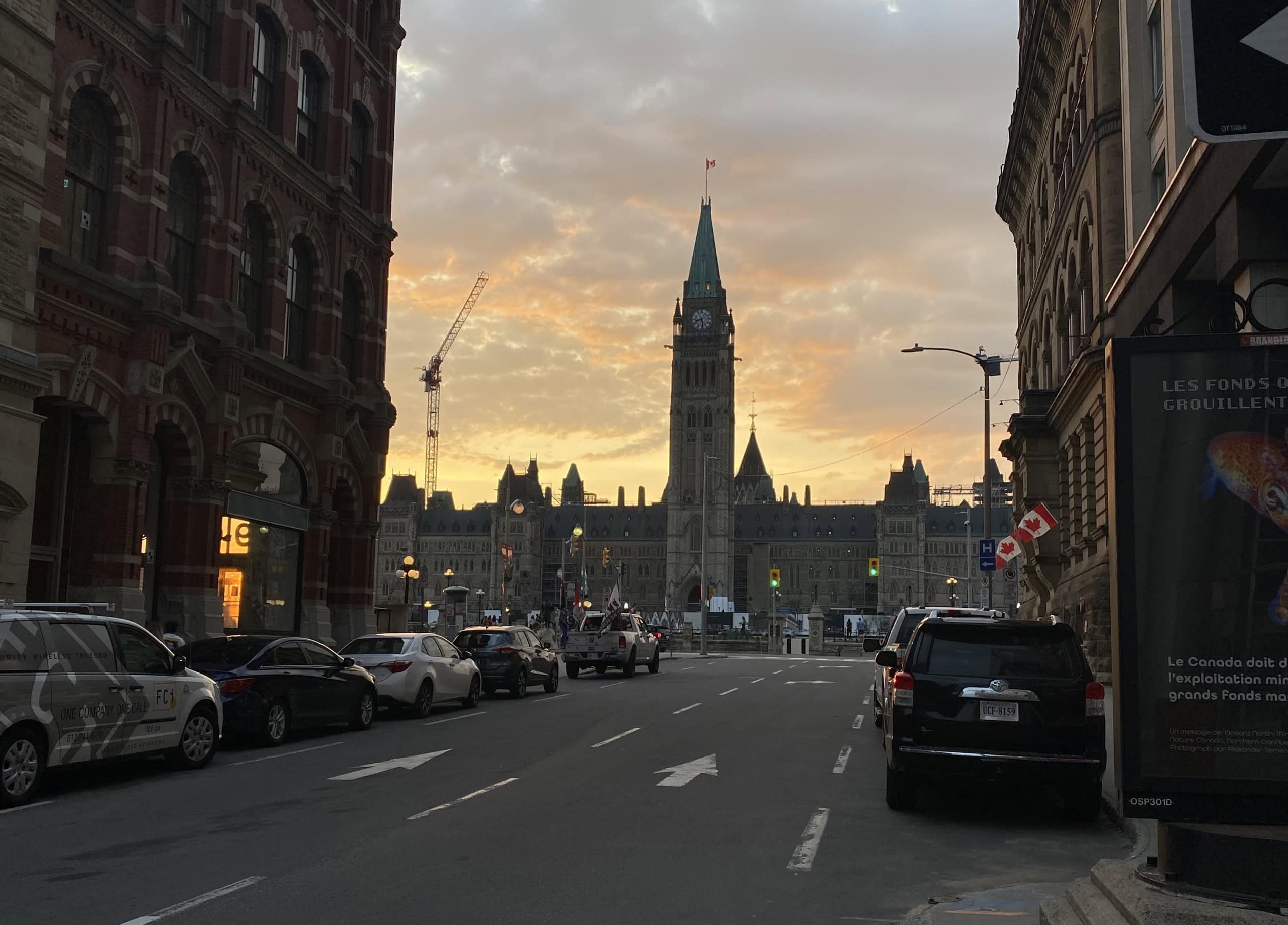 Parliament Hill in Ottawa, Ontario, Canada, at sunset.