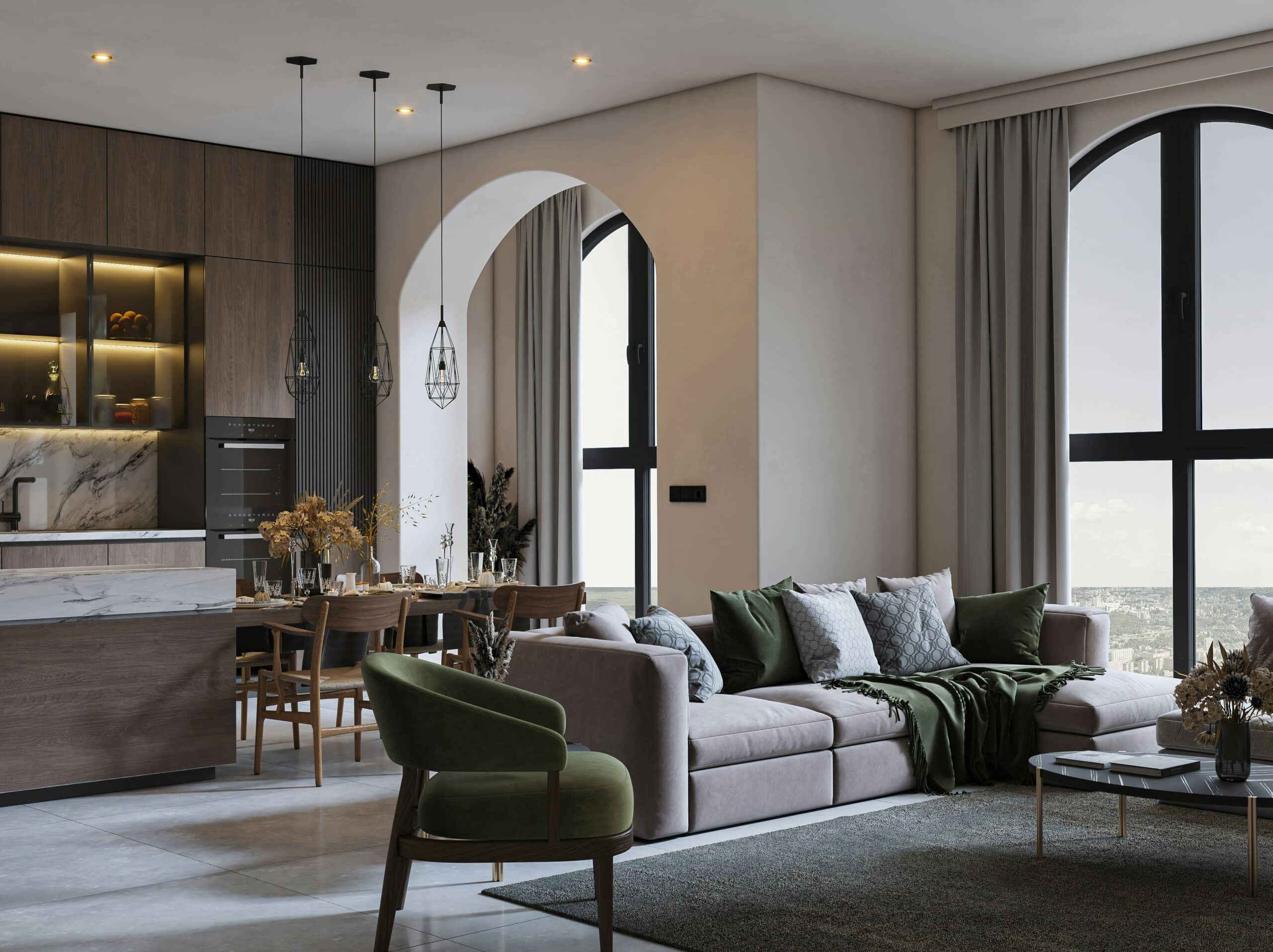 Privater Wohnraum nach Umbau mit offener Küche und Essbereich