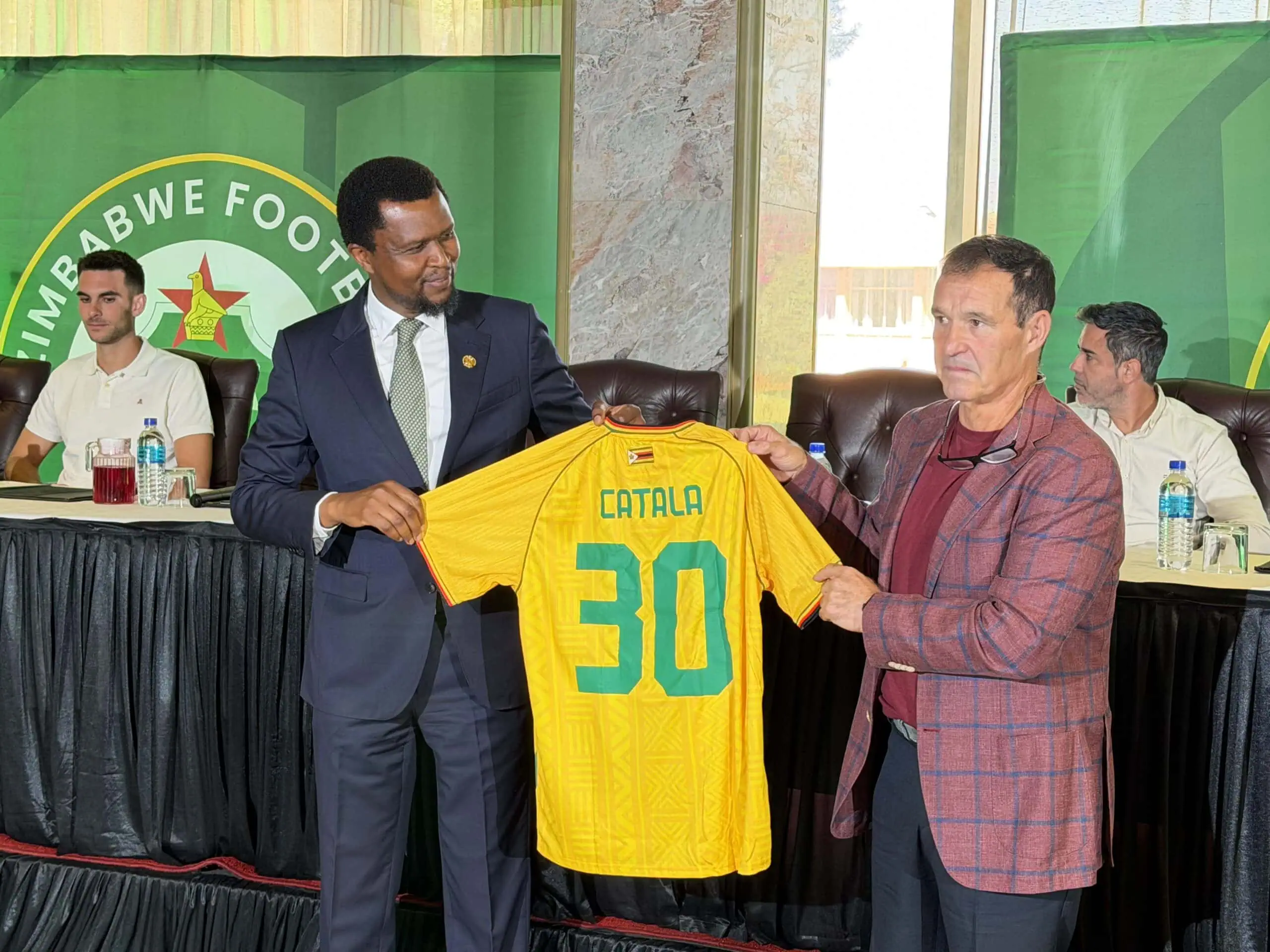 ZIFA president Nqobile Magwizi (left) with newly appointed Warriors coach Ramon Catala at the Spaniard’s unveiling yesterday. Picture by Fanzone 