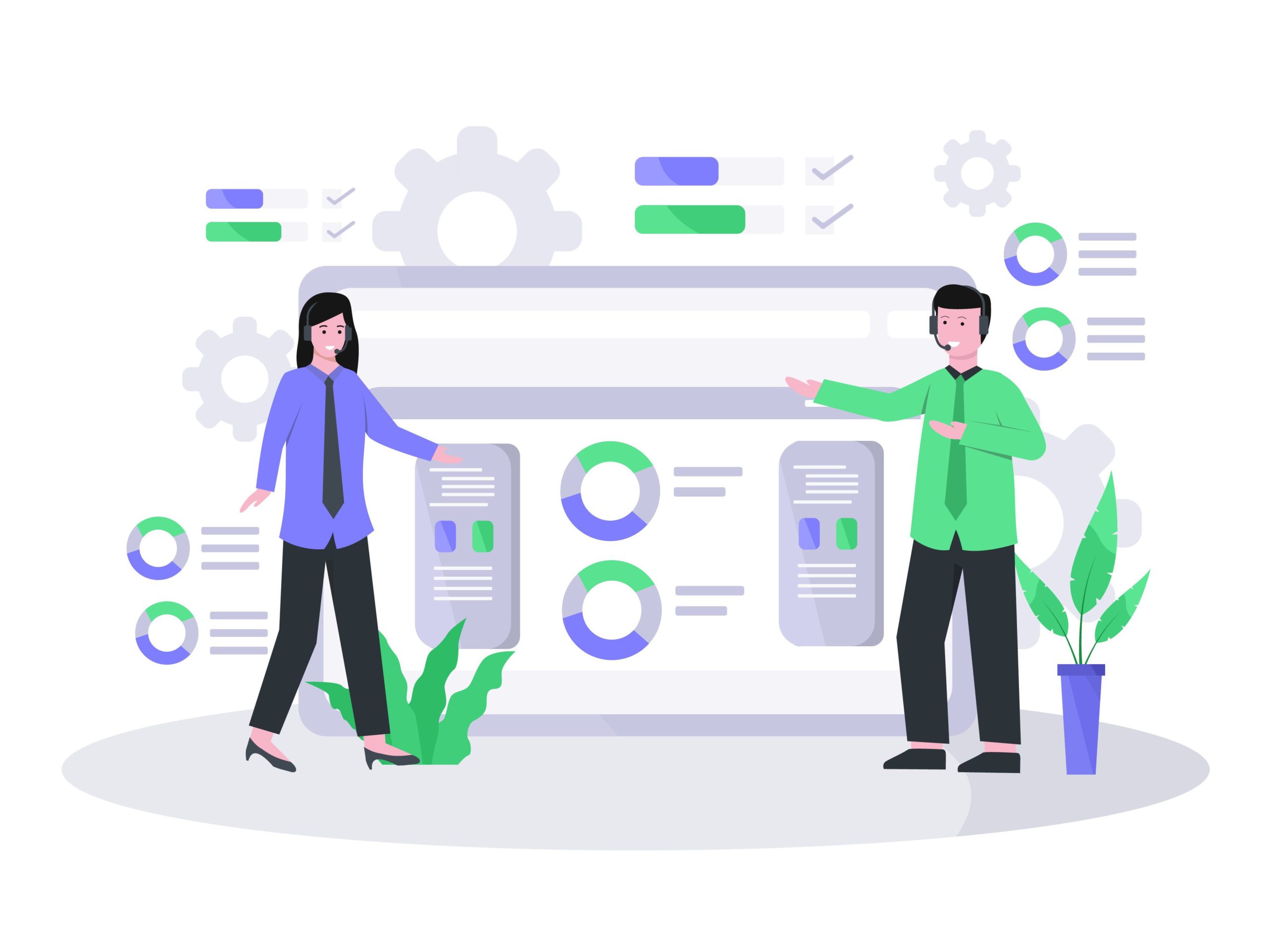 Flat vector illustration of customer service is serving customers well and friendly via telephone and live chat