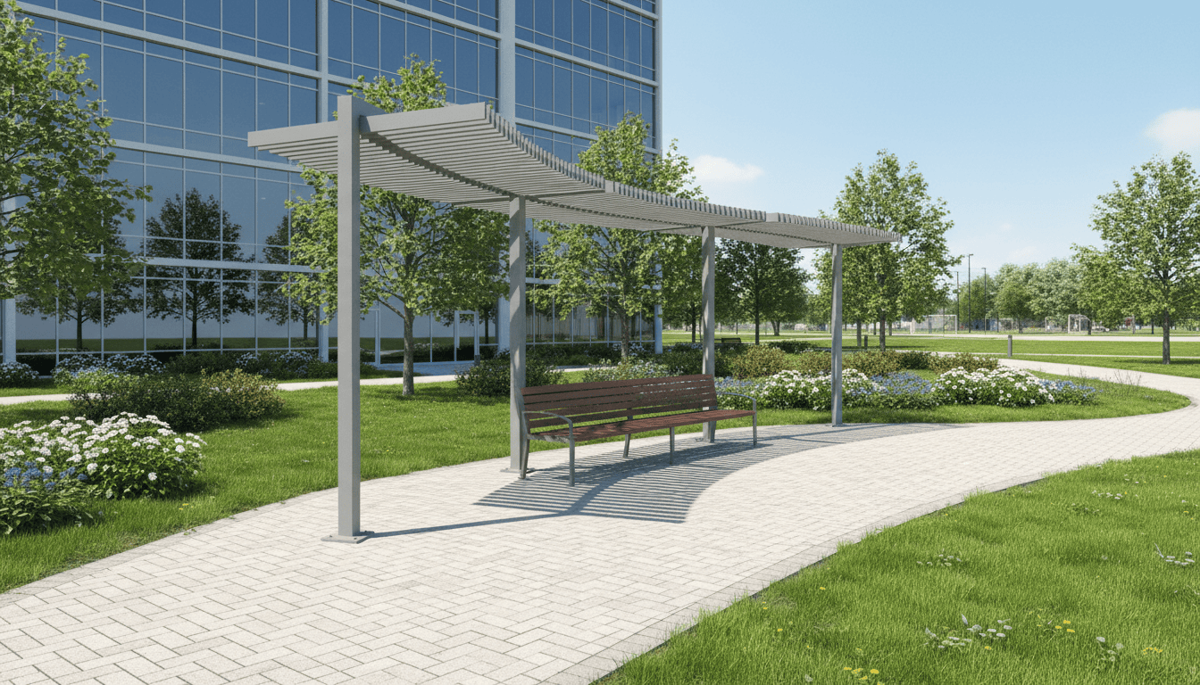 White aluminum louvered pergola shade structure with adjustable louvers covering wood bench seating at commercial office building courtyard with brick paver walkway and landscaped grounds creating modern outdoor workspace