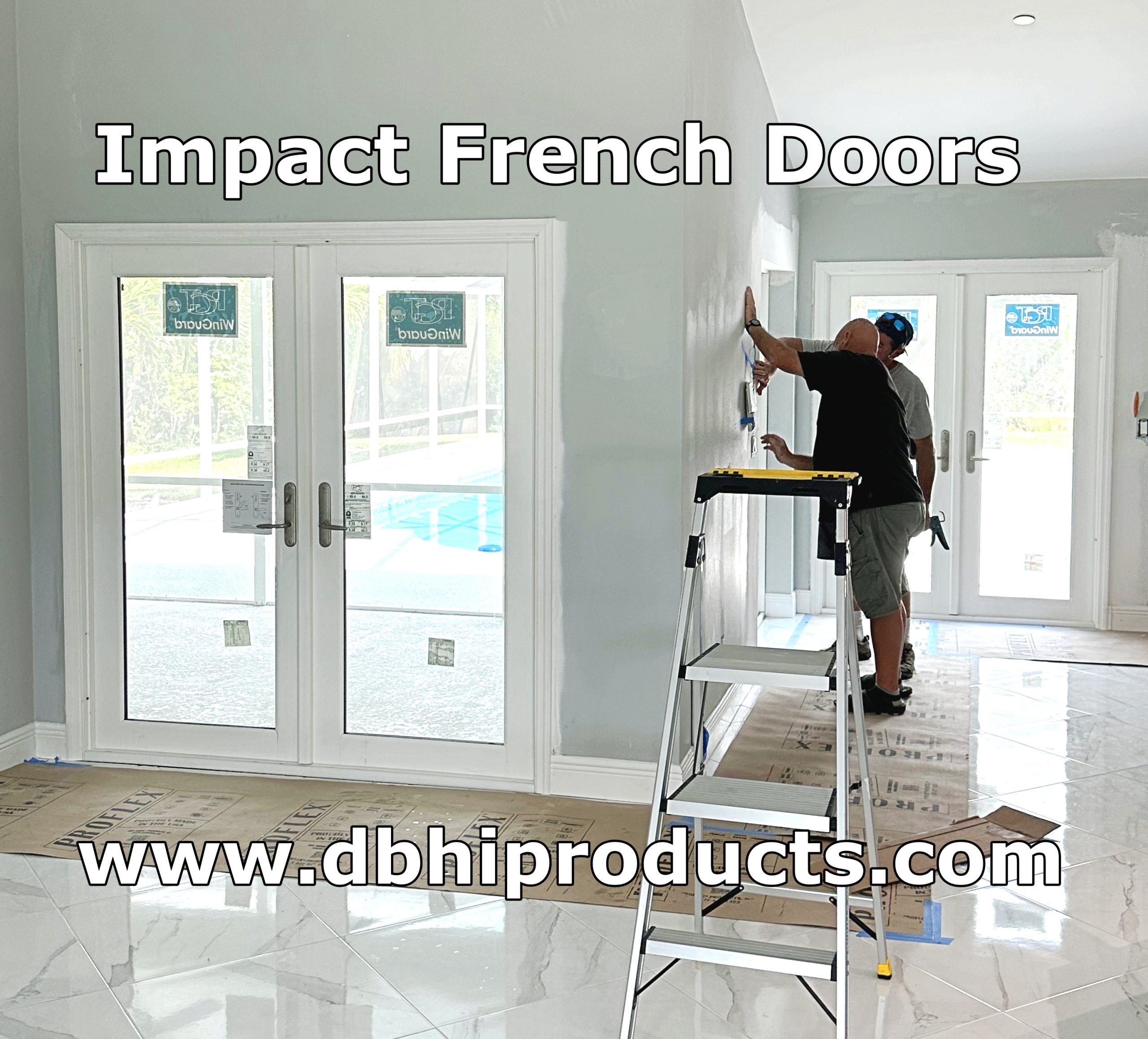 PGT Impact French Doors with 3-Point Lock PGT impact French doors with 3-point lock systems being professionally installed by db Home Improvements in a Florida home.