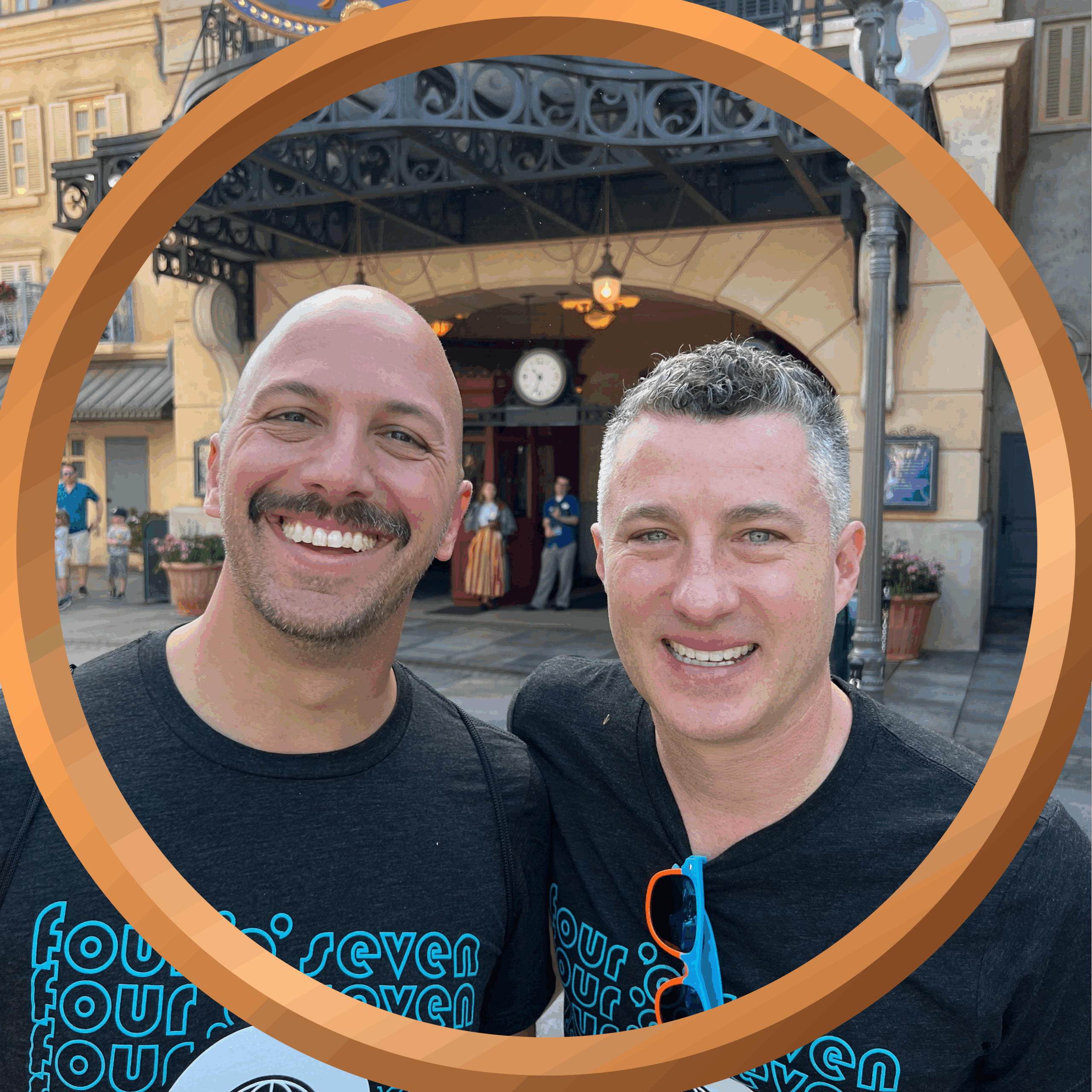 407 Vacation Co., Disney park visitors smiling outdoors, happy travelers, Orlando vacation, theme park adventure, family vacation poster.