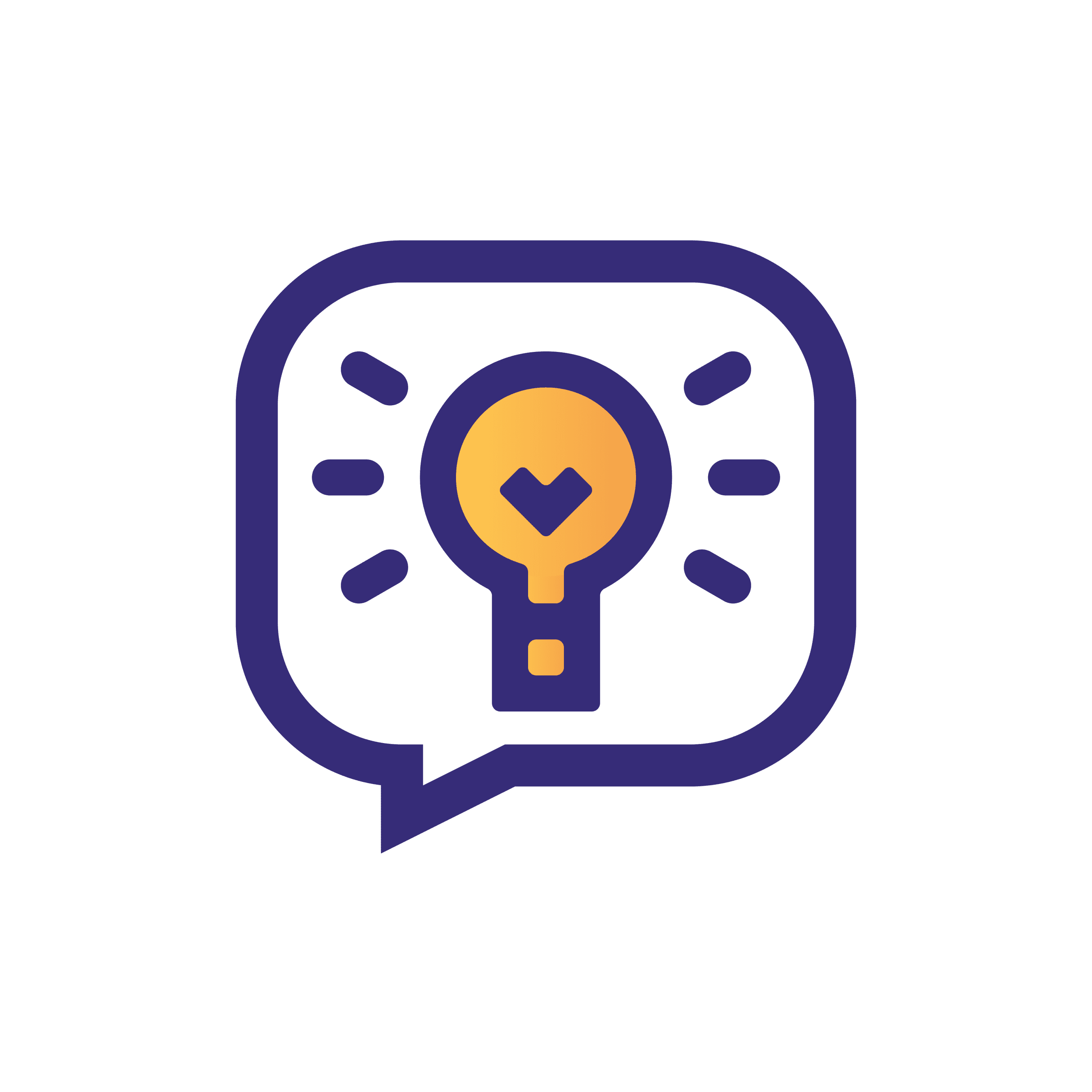 "أيقونة مصباح مضيء داخل فقاعة محادثة ترمز للحلول والأفكار التسويقية المتكاملة والمبتكرة"