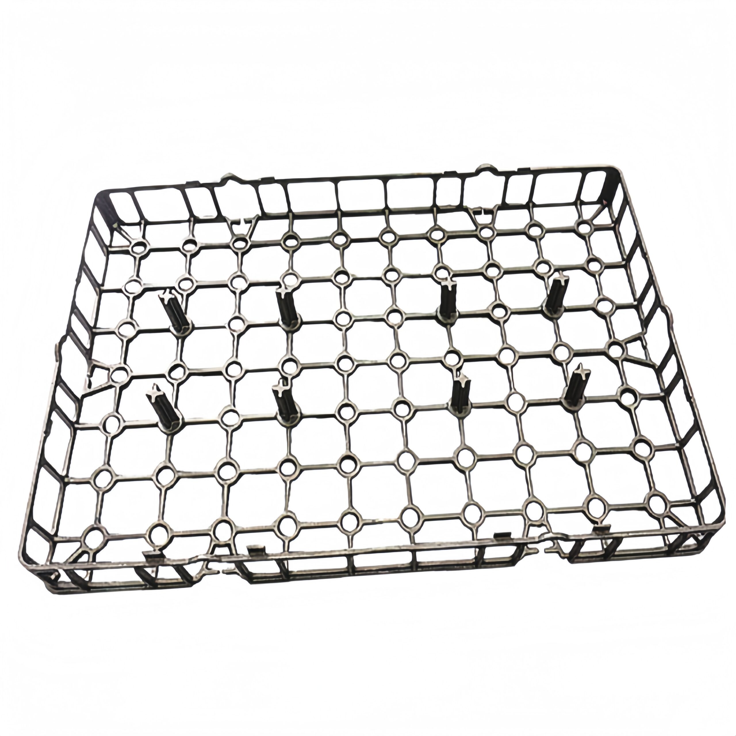 Shallow rectangular heat treatment basket with an open grid and locating posts