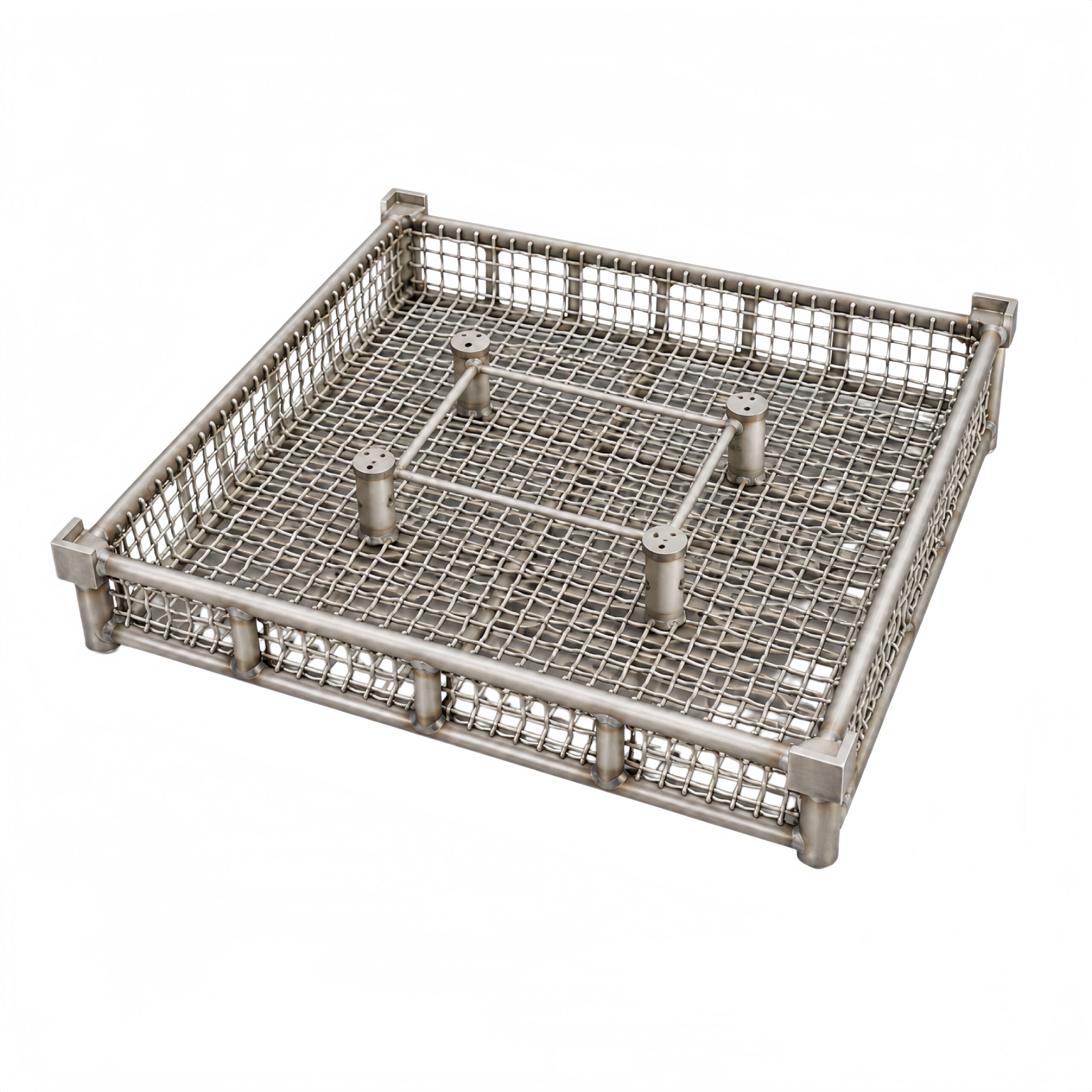 Square mesh heat treatment basket with raised corners and a centre divider