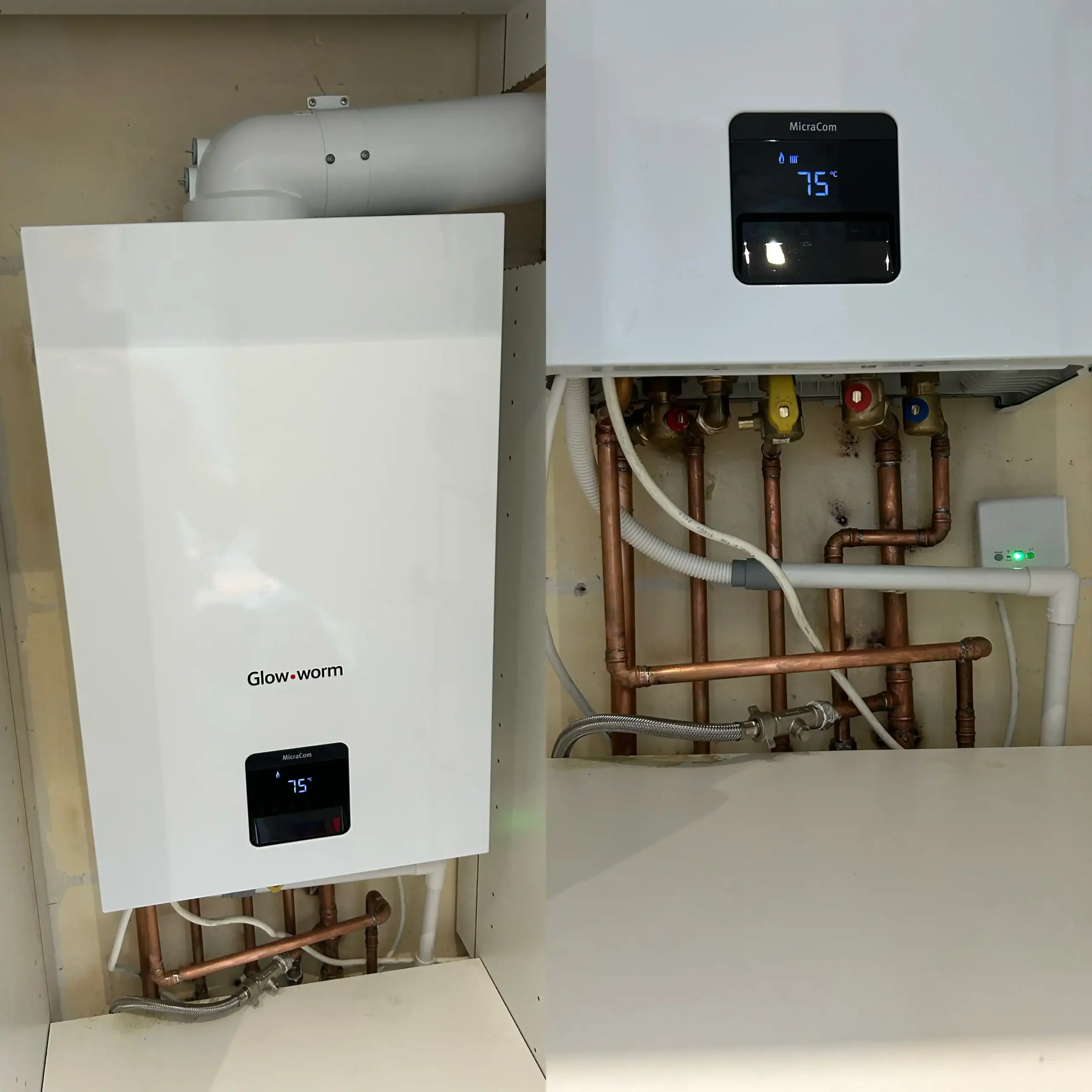 Completed Glow-Worm MicraCom combi boiler installation in Glasgow by NB Gas And Plumbing Gas/Heating Engineer, showing a full view of the unit and a detailed close-up of the clean copper pipework beneath.