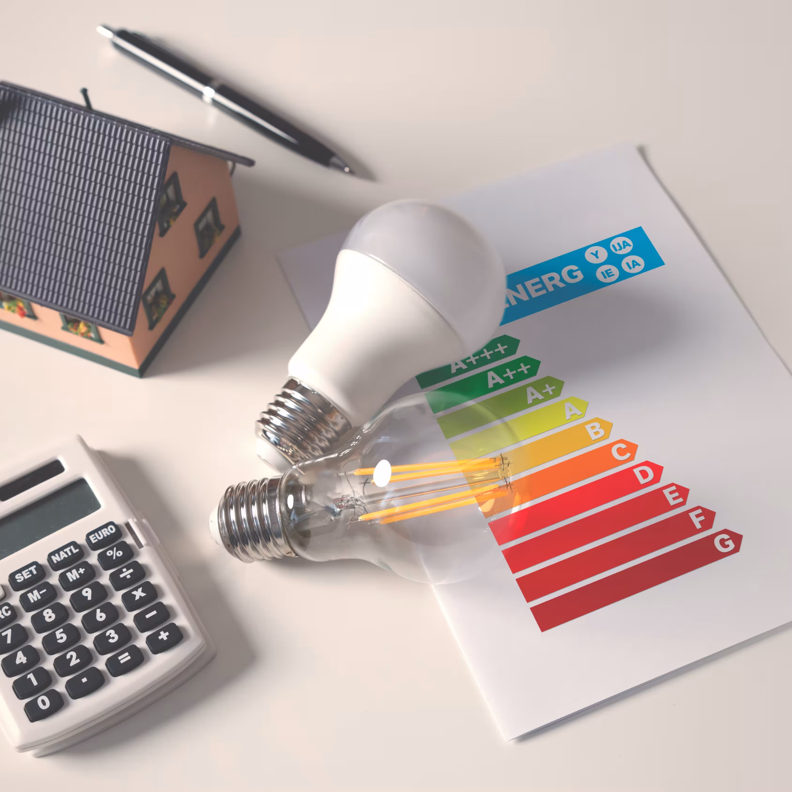 Bombetes, calculadora i certificat d’eficiència energètica sobre una taula, amb una maqueta de casa al fons