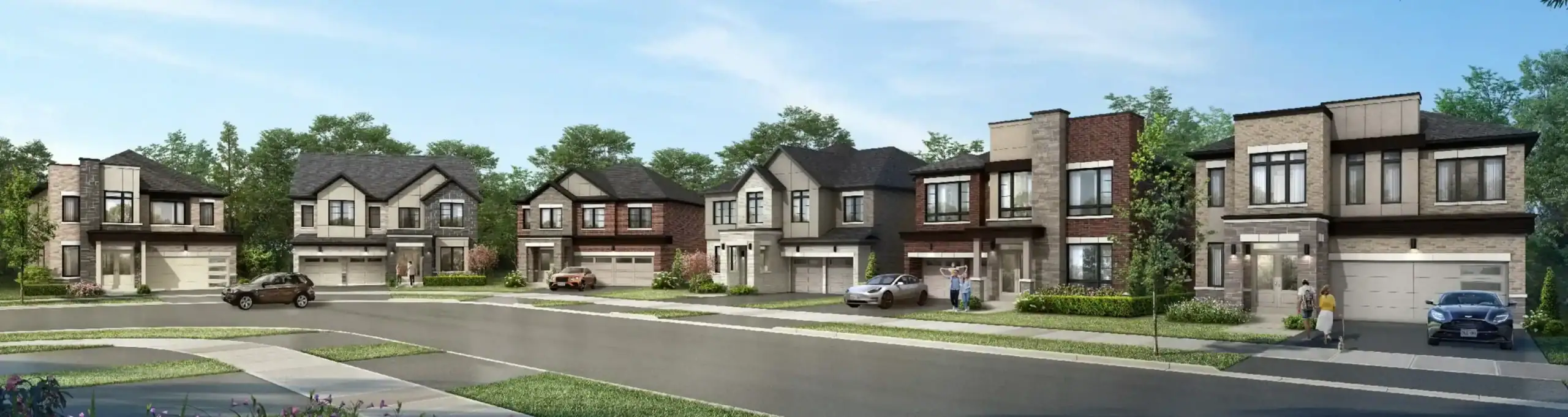 Architectural streetscape rendering of luxury single-family homes and detached houses in the Upper East Side Unionville community, showcasing modern brick and stone exteriors, manicured lawns, and a quiet residential neighborhood road.