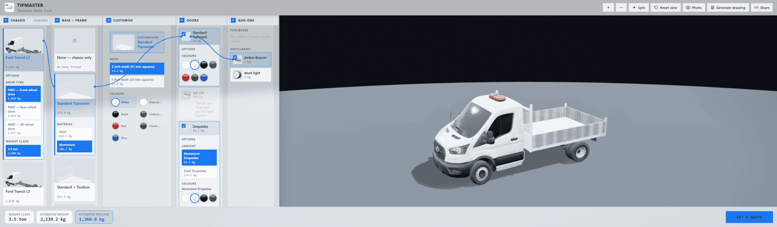 Tipmaster Truck Builder configurator showing a customised tipper truck