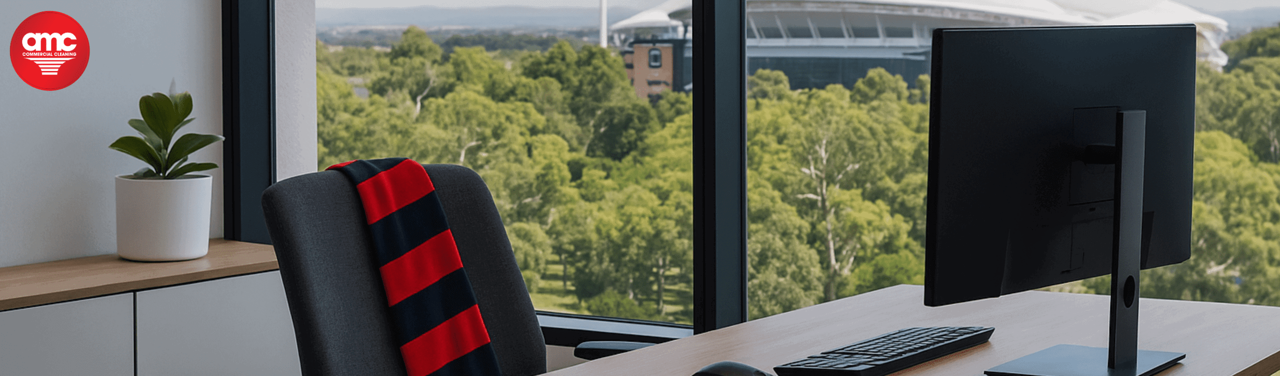 Expert commercial cleaning in Adelaide, office with polished window glass with stadium view