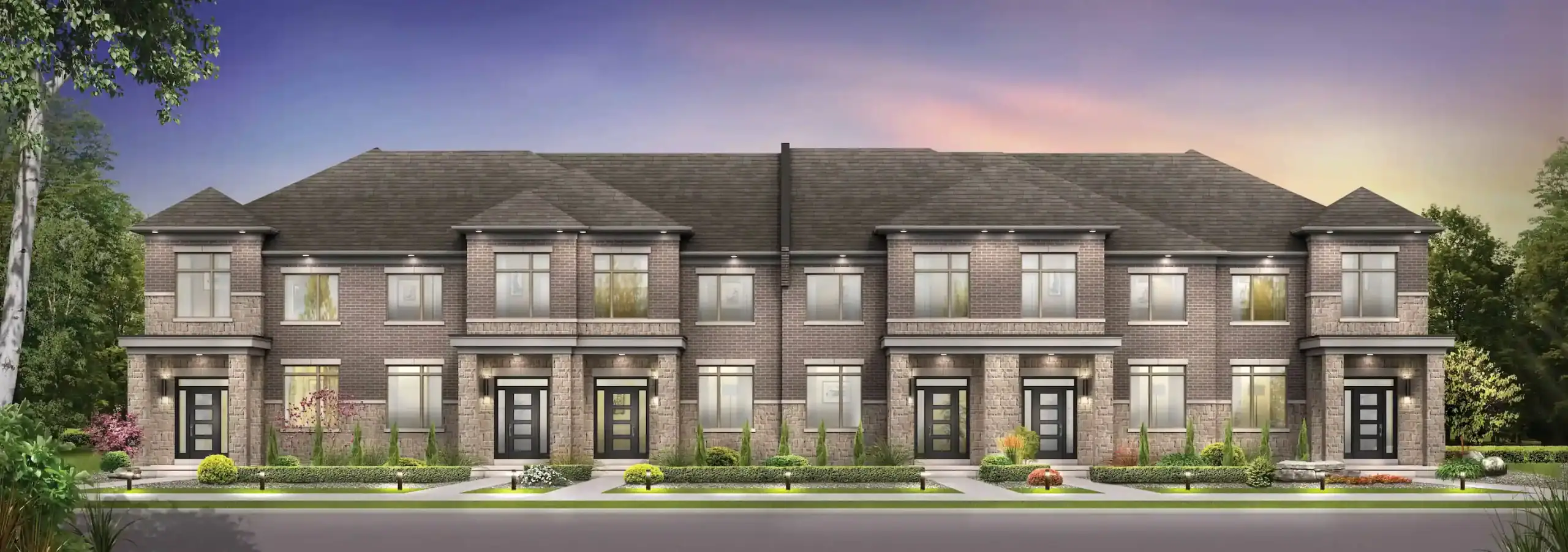 Architectural rendering of a modern block of freehold townhomes by Royal Pine Homes in Mayfield Village, featuring elegant grey brick and stone exteriors, matching modern front doors with sidelights, and beautifully landscaped front walkways at dusk.