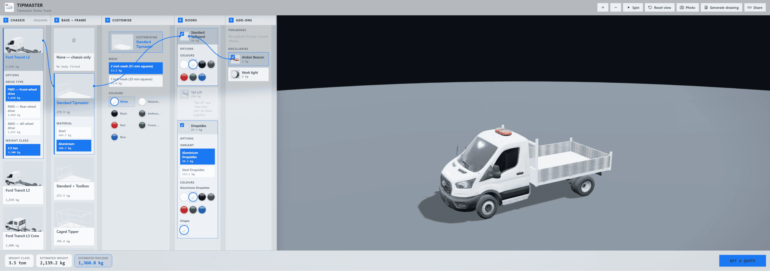 Tipmaster Truck Builder showing a configured Ford Transit tipper with aluminium dropsides