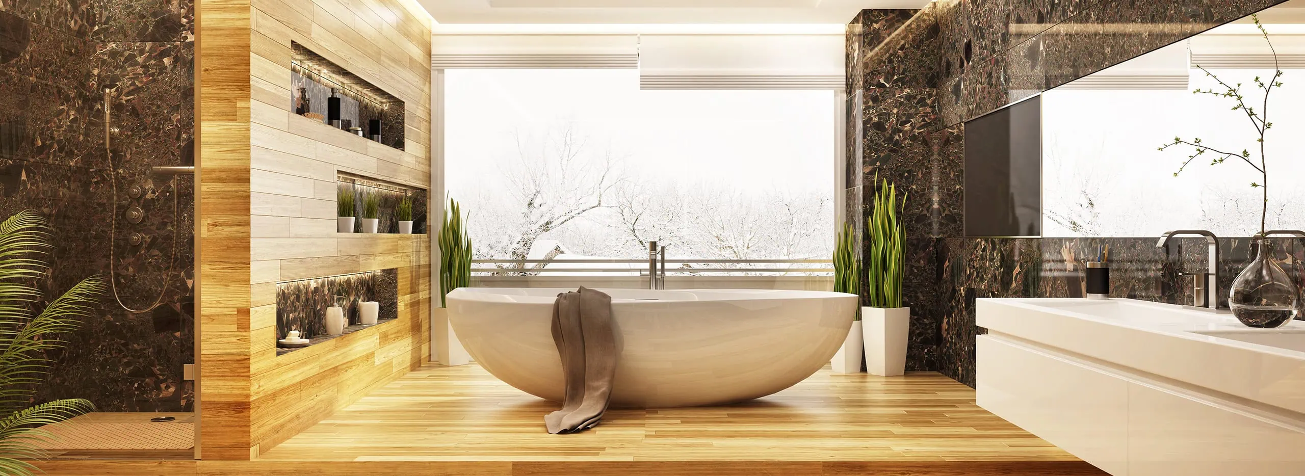 Modernes, helles Badezimmer mit freistehender Badewanne, großer Fensterfront, Pflanzen und eleganten Naturmaterialien. Symbolbild für das Thema Modernes Badezimmer.