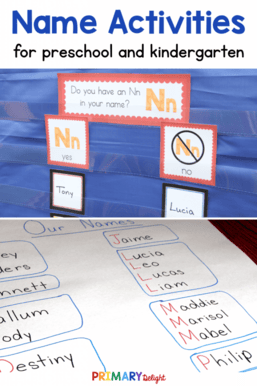 Name Activities for Preschool and Kindergarten (text). Photos of an ABC Name Chart and a question of the day about the letter Nn.